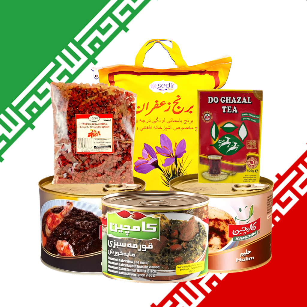 Valikoima aitoja iranilaisia elintarvikkeita ja tuotteita.