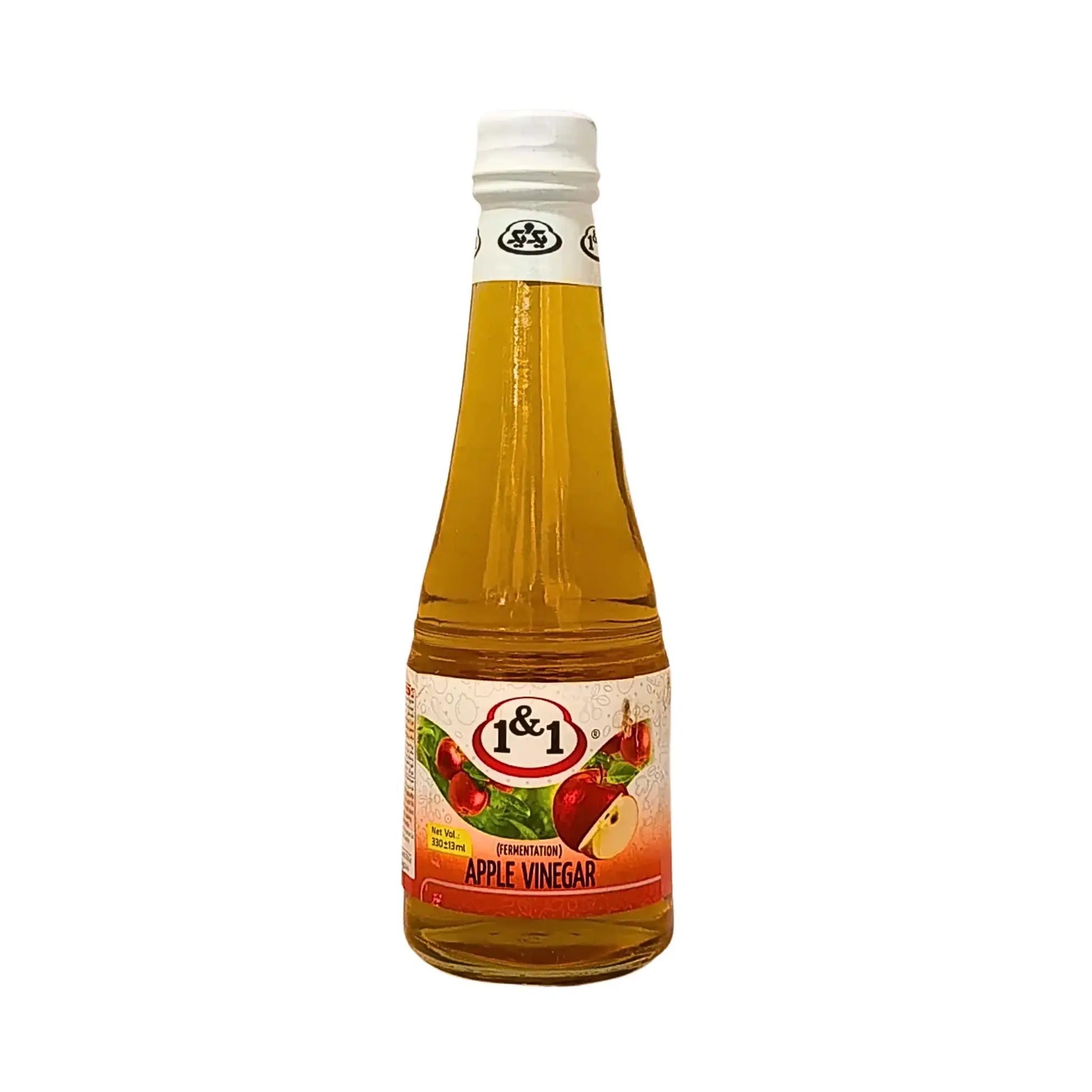 Lasi omenaviinietikkaa 330 ml, kirkas neste ja etiketti, jossa on omenapaloja valkoista taustaa vasten.