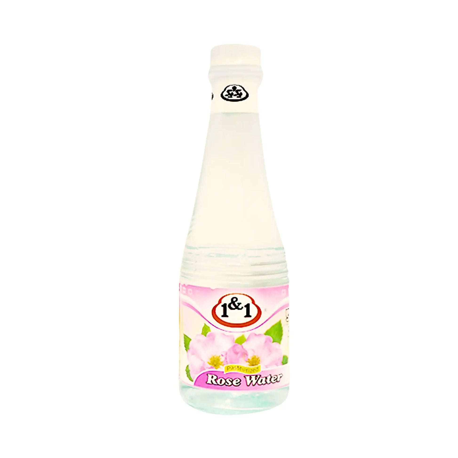 Pullon ruusunvesiä 330 ml, itämainen elintarvike vaaleanpunaisella etiketillä ja kukkamotivilla.