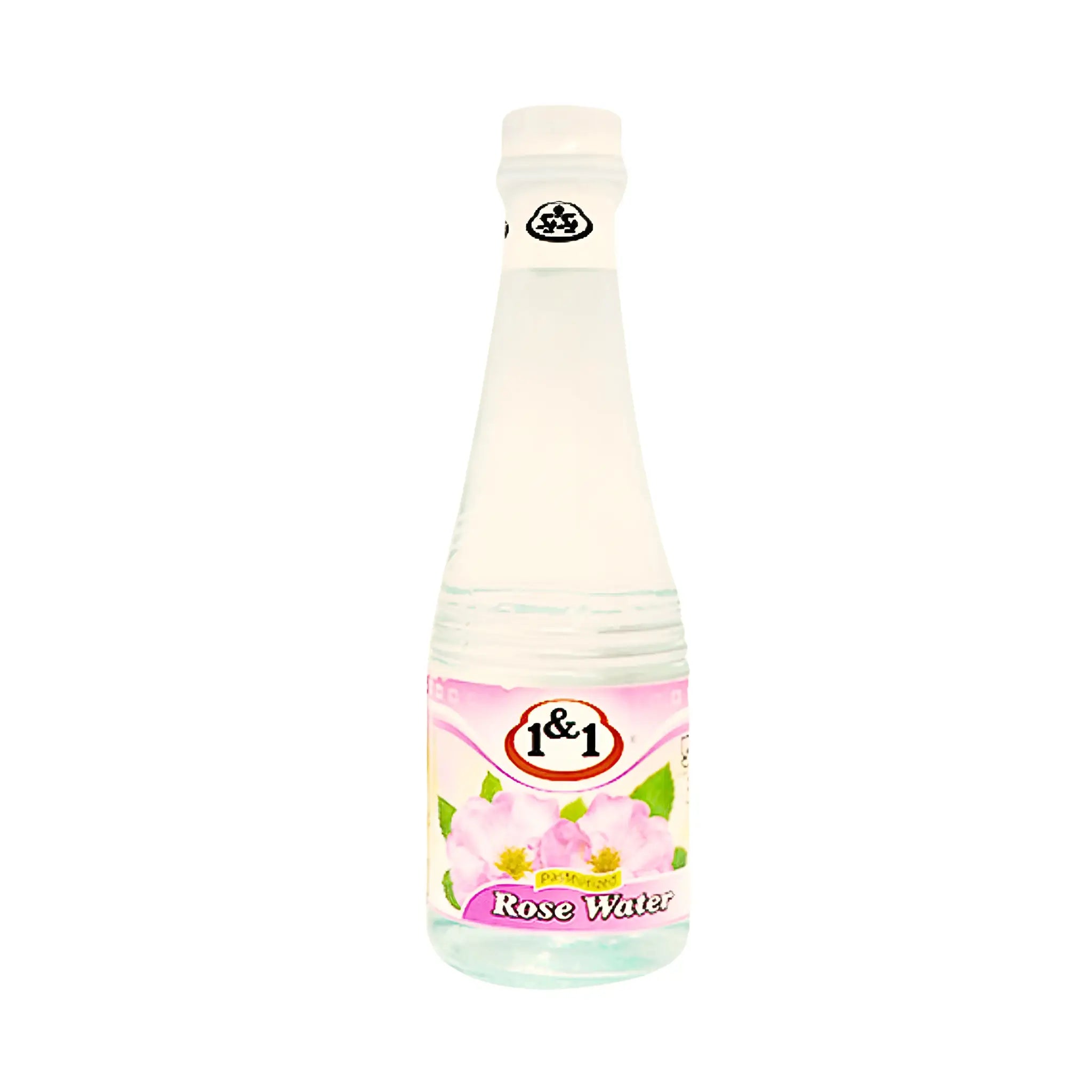 Pullon ruusunvesiä 330 ml, itämainen elintarvike vaaleanpunaisella etiketillä ja kukkamotivilla.