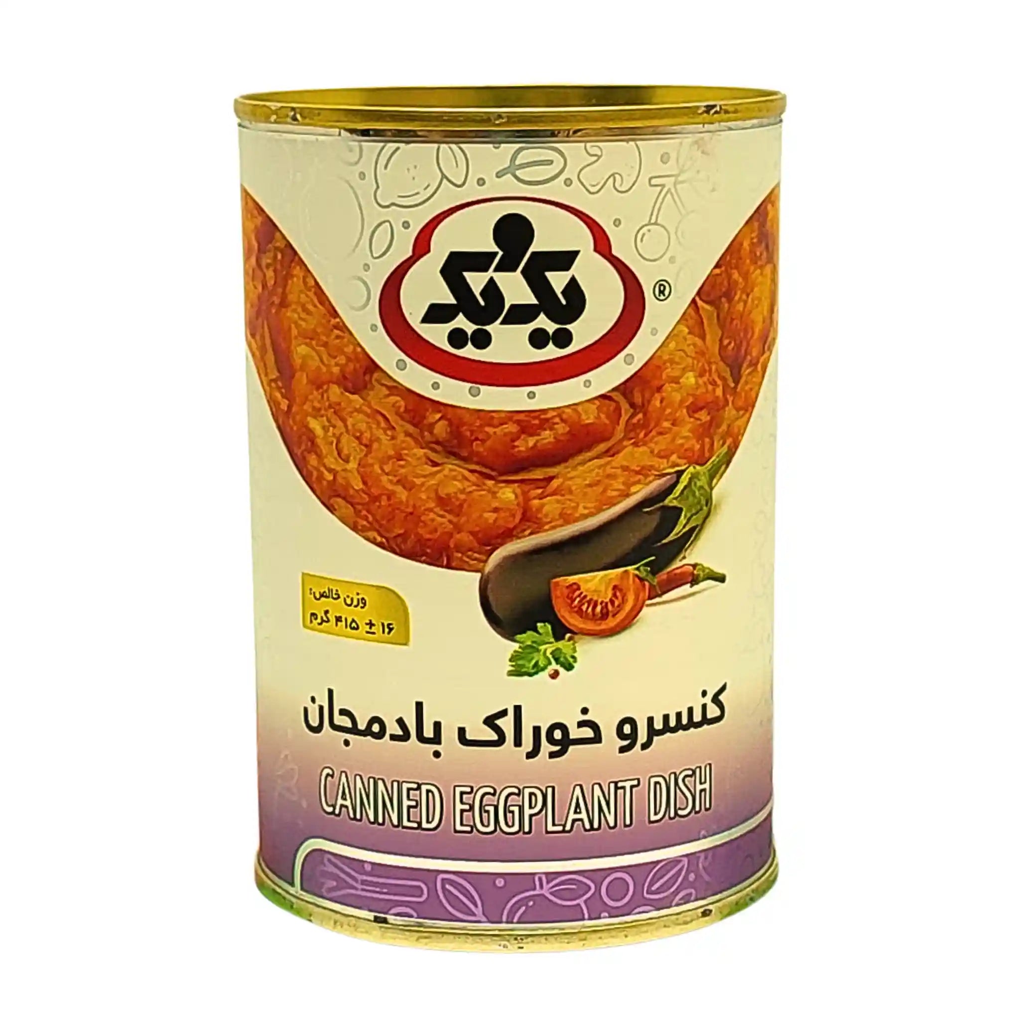 Konserverad auberginerätt, 415g burk med tomat och aubergine på etiketten, orientaliskt livsmedel.