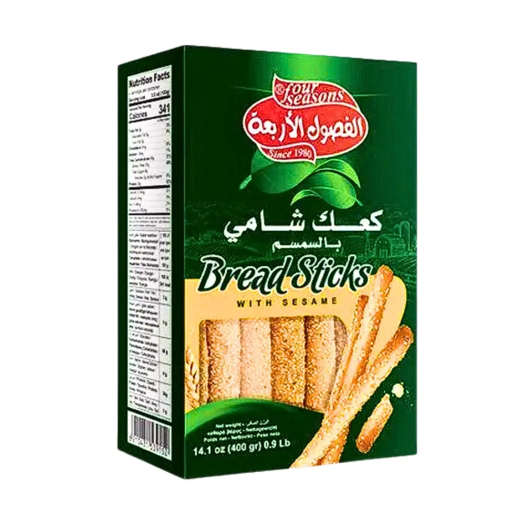 Pakkaus Four Seasons -leipäpaloja seesamilla 400g, itämaisia välipaloja.