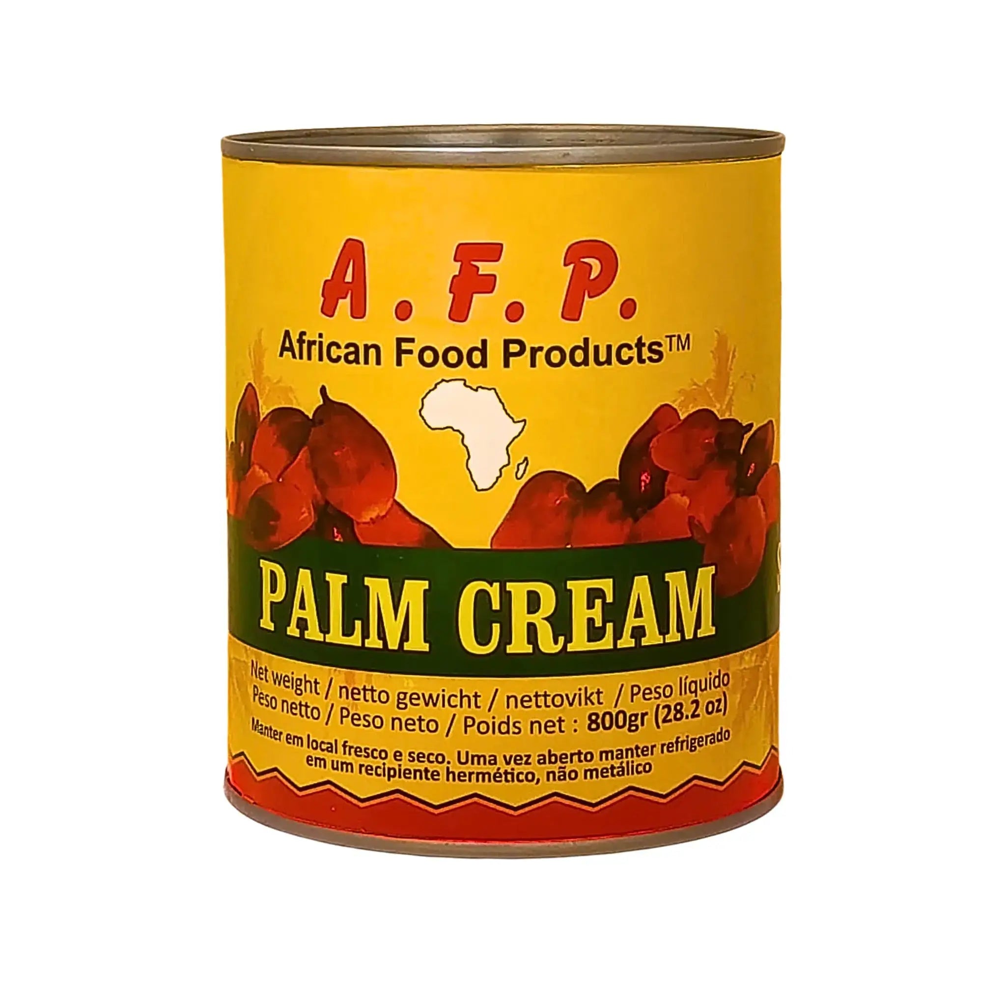 Purkki palmukermaa 800 g, keltainen etiketti palmukuvioineen, afrikkalainen ruokatuote.