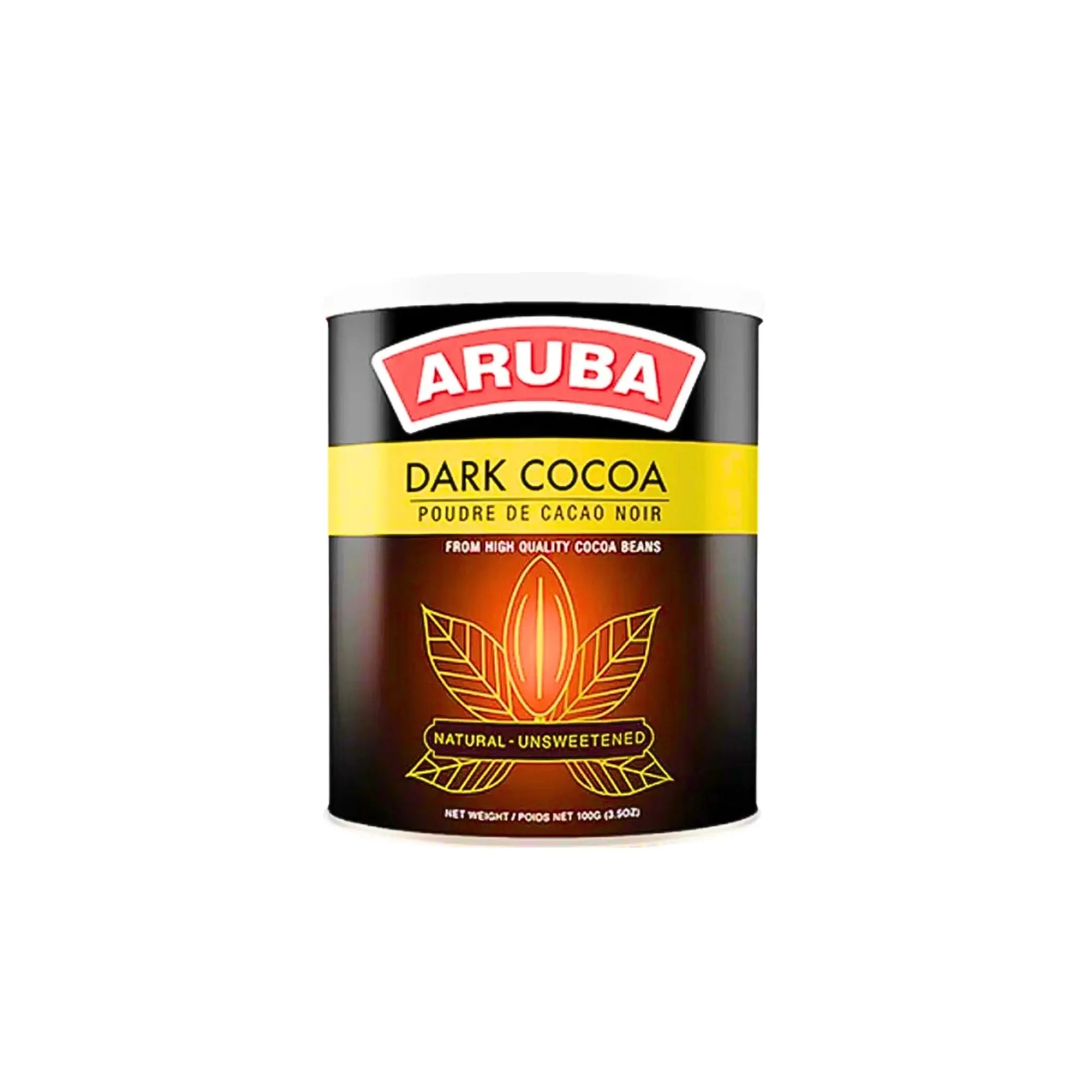 Purkki tummaa kaakaojauhetta, musta ja keltainen etiketti, kaakaopavun kuvitus, 100g.