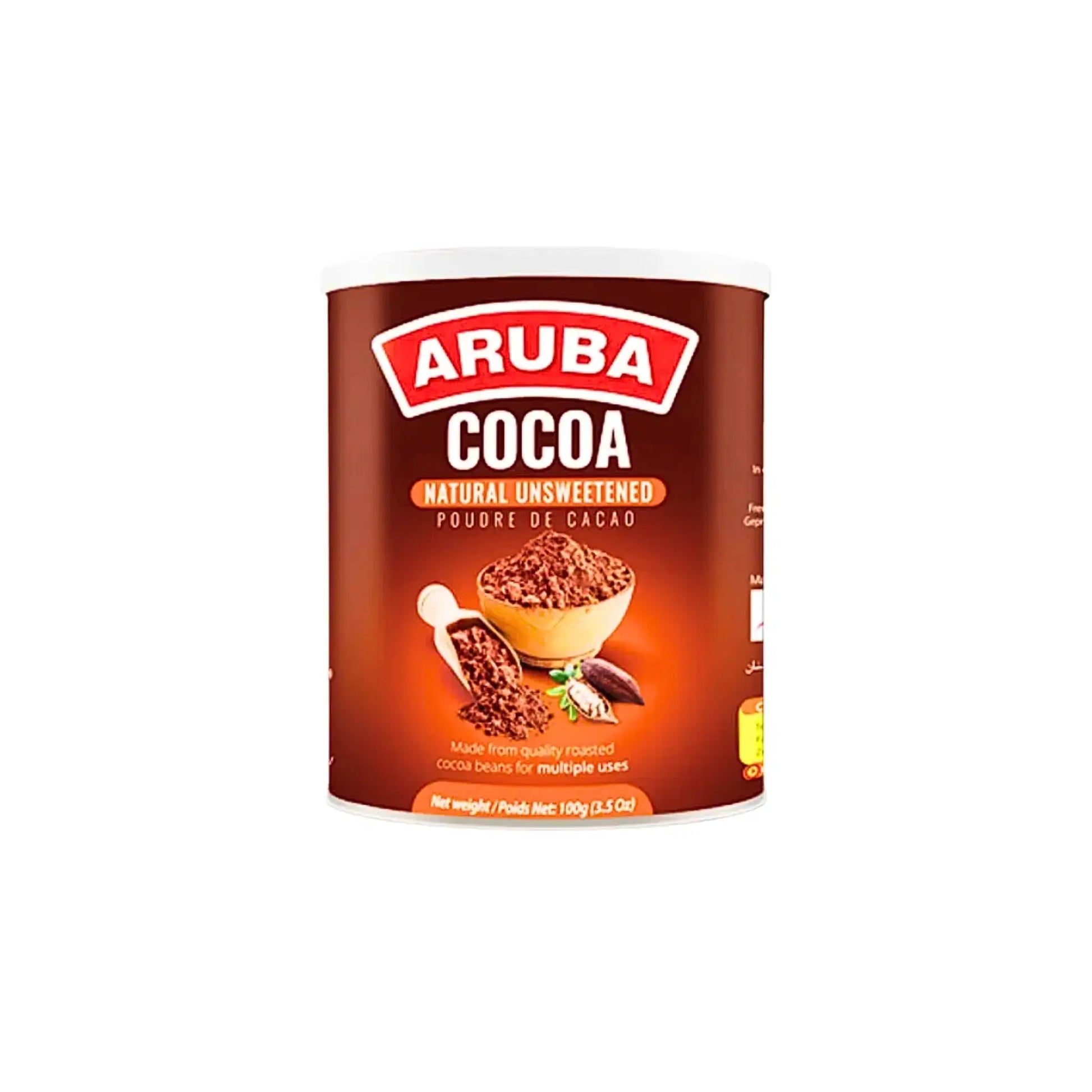 Aruba luonnonmukaista makeuttamatonta kaakaojauhetta 100g purkki valkoista taustaa vasten.