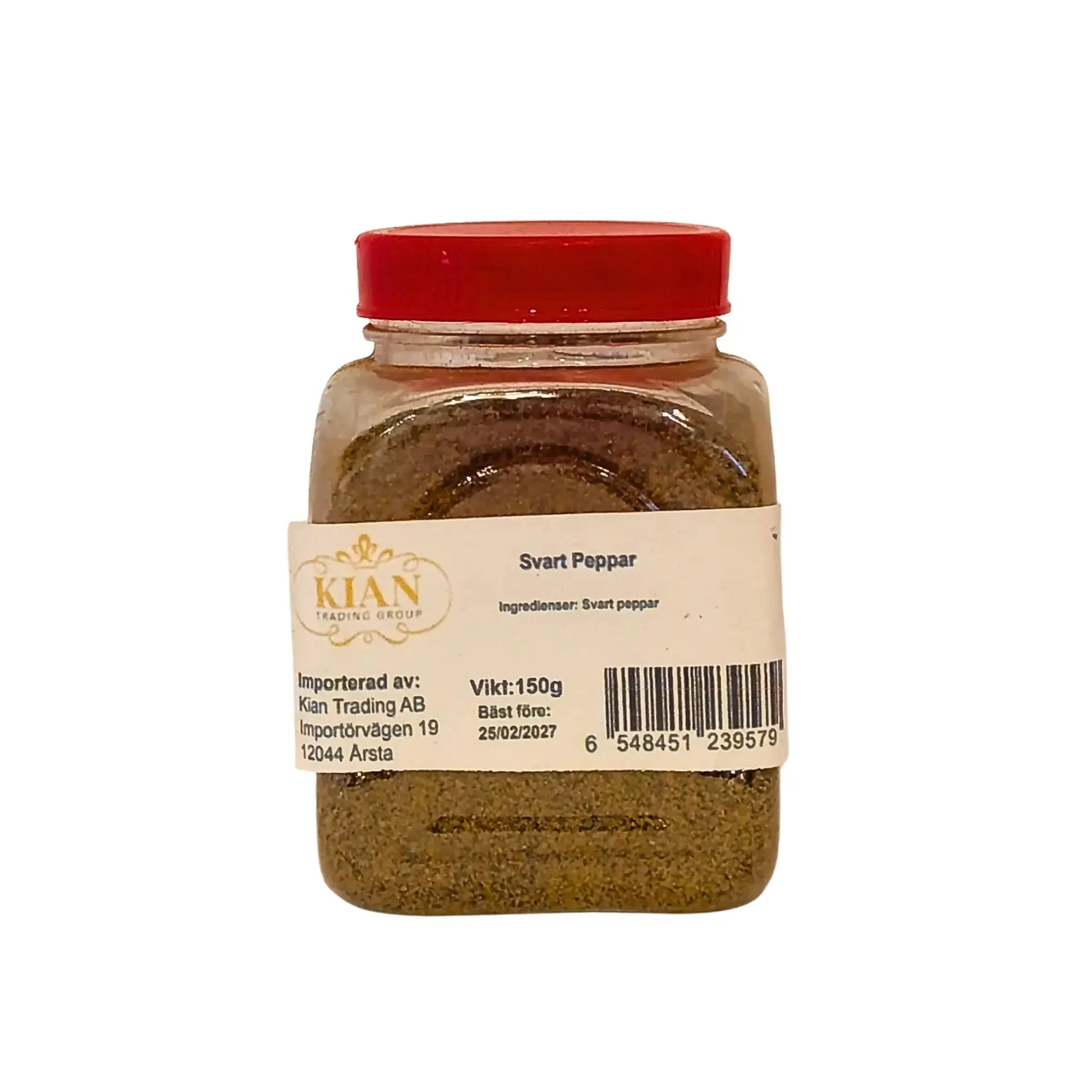 Purkki jauhettua mustapippuria 150g punaisella korkilla ja selkeällä etiketillä, itämainen mauste