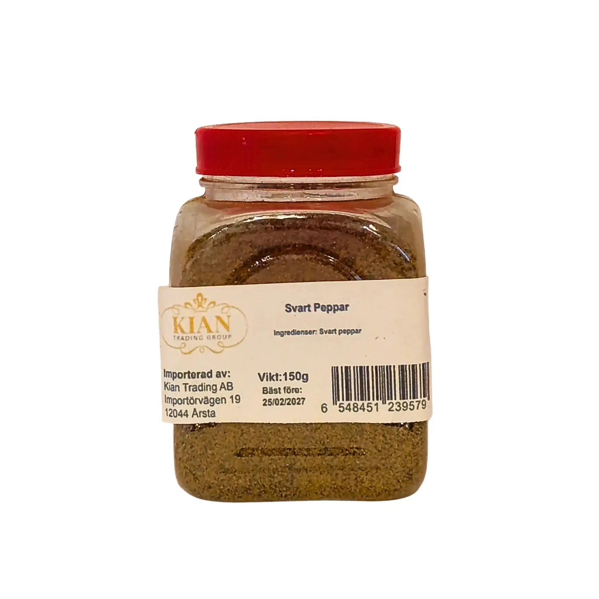 Purkki jauhettua mustapippuria 150g punaisella korkilla ja selkeällä etiketillä, itämainen mauste