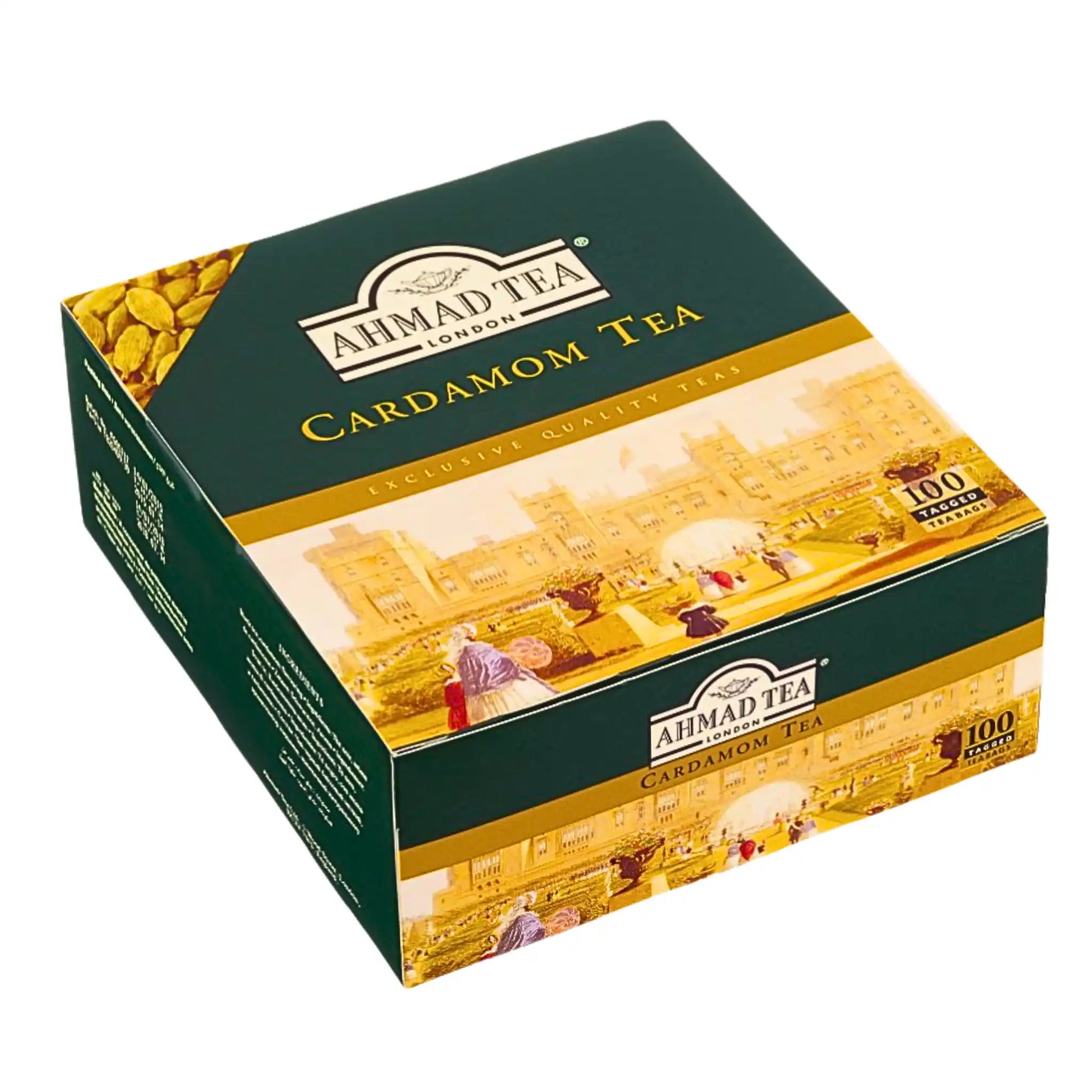 Vihreä pakkaus Ahmad Tea kardemummateetä 100 pussia, itäinen tee, selkeä logo.