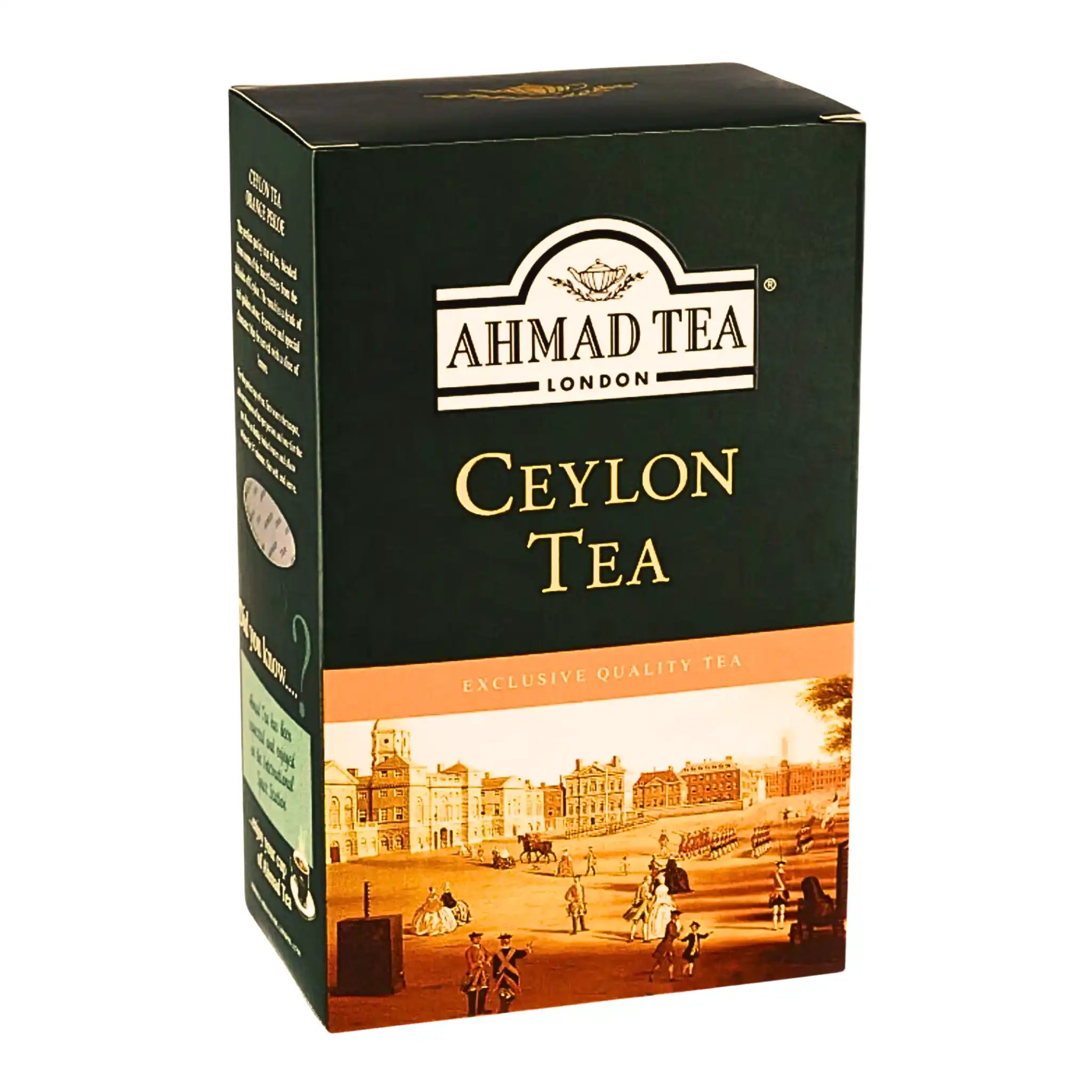 Ahmad Tea Ceylon -tee 500 g:n pakkauksessa klassisella kaupunkikuvituksella.