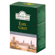Vihreä pakkaus mustaa teetä, Earl Grey, 500 g, kuvitettu Lontoon siluetti, Ahmad Tea.