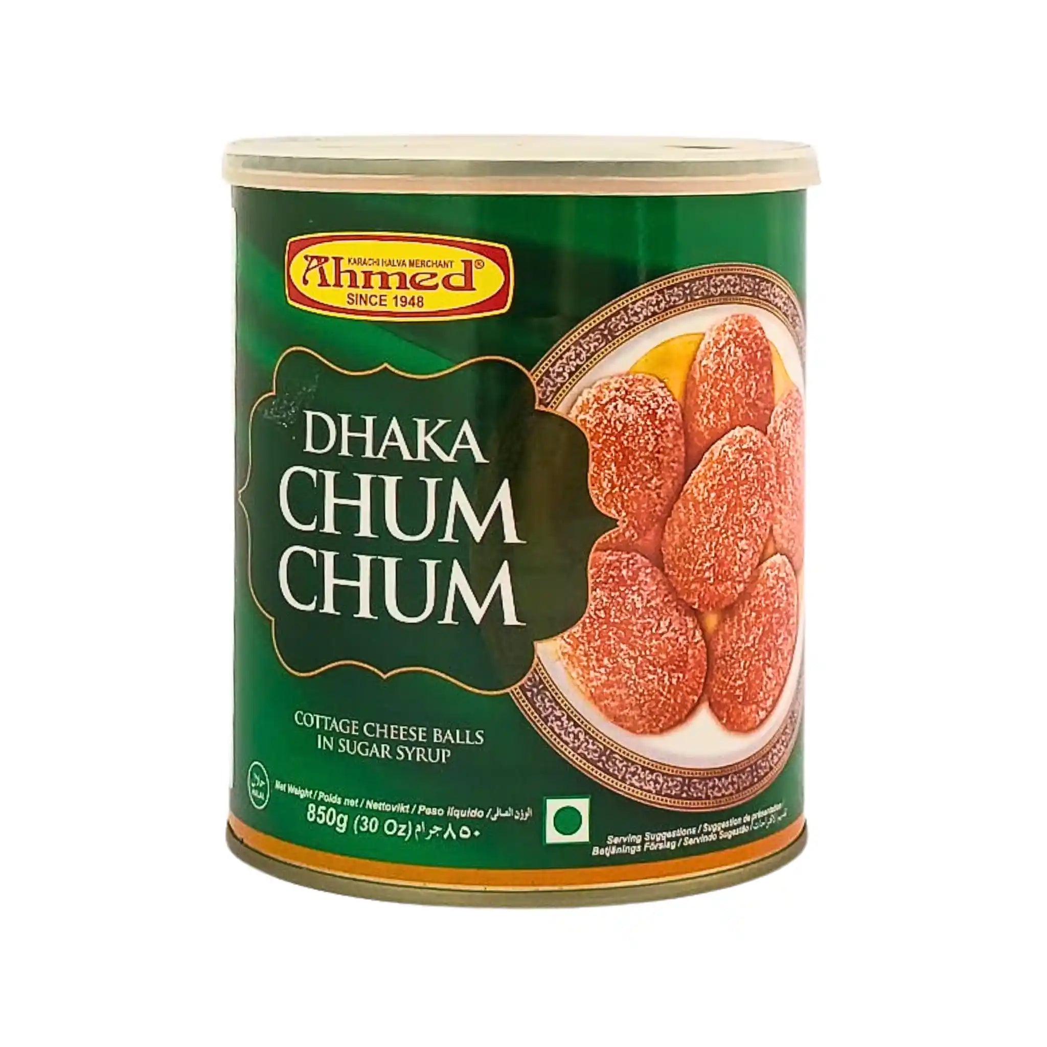 Vihreä purkki Dhaka Chum Chum -tuotetta, intialaisia sokeroituja juustopalloja siirapissa, 850 g.