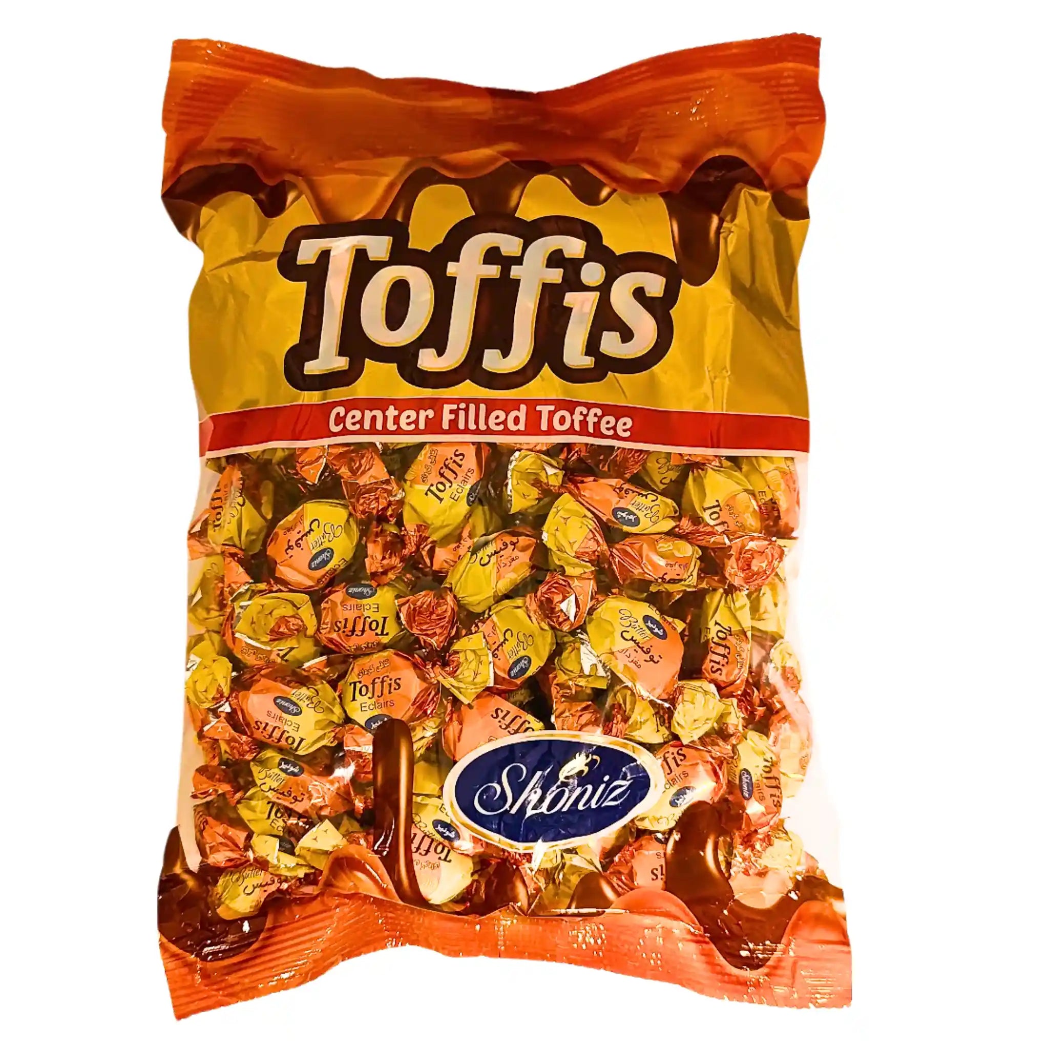 Påse med iranska centerfyllda karameller Toffis, 1 kg, i orange och gul förpackning