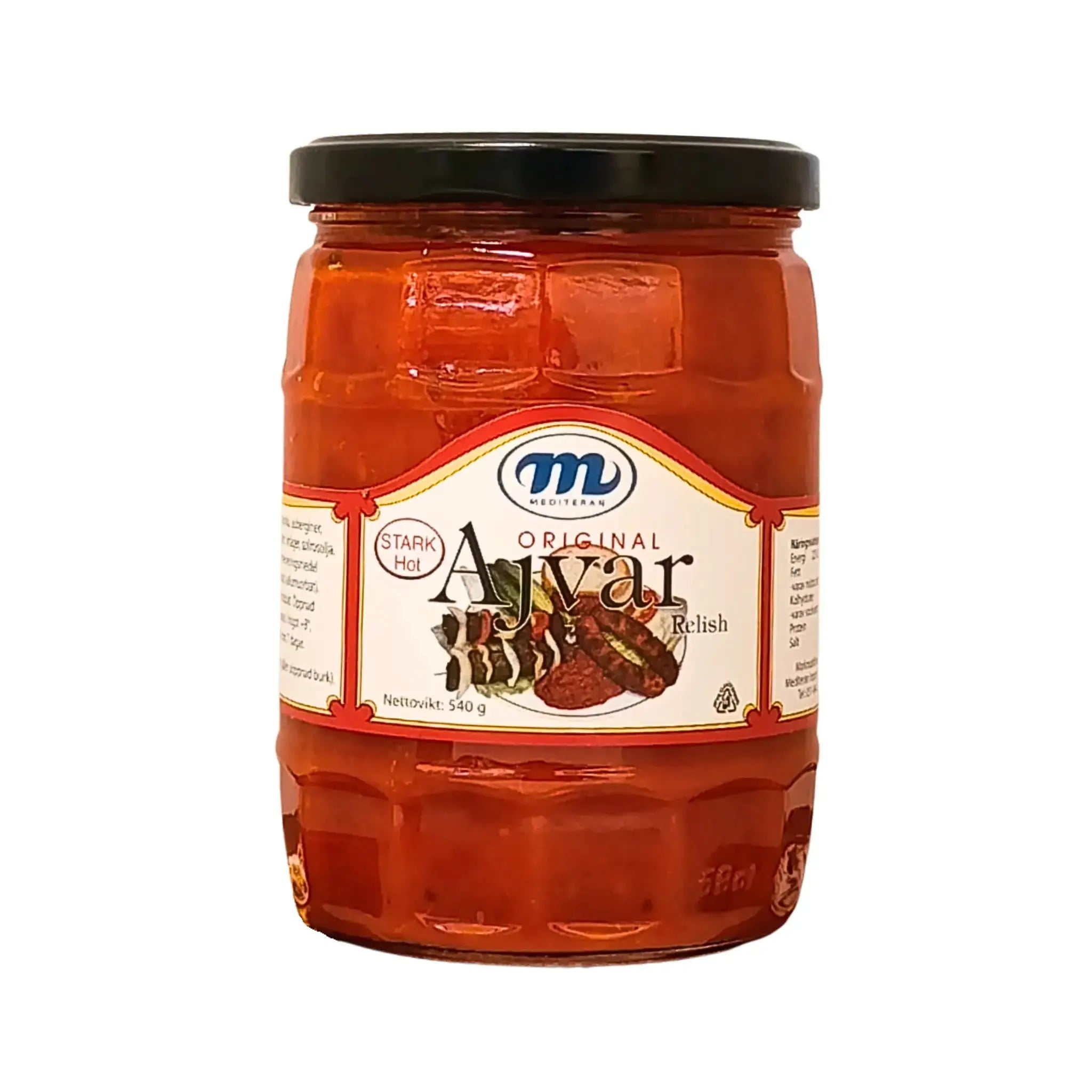 Ajvar-alkuperäinen terävä 540 g paprikahilloa lasipurkissa, näkyvä etiketti, itämaisia makuja