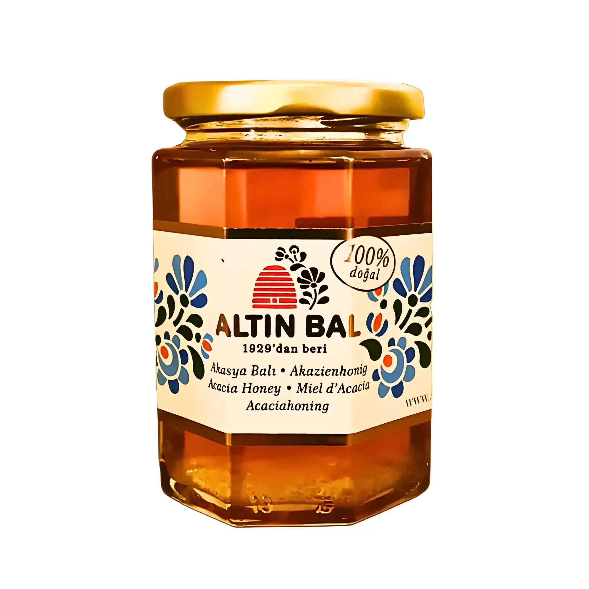 Lasipurkki akasiamedillä Altin Bal 350g, itäinen kuvio ja kultainen kansi