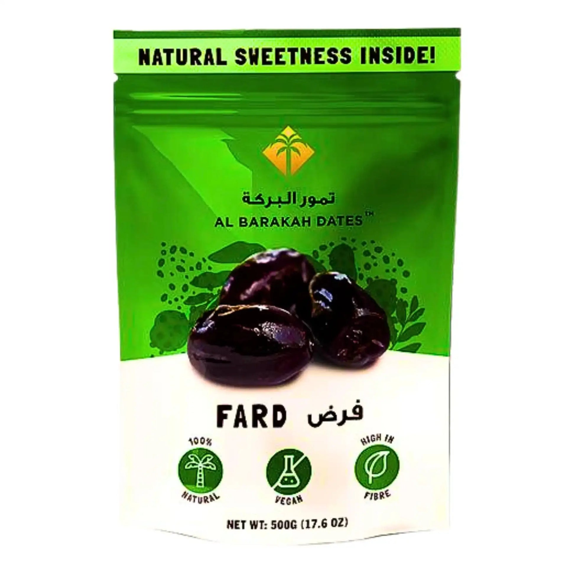 Värikäs vihreä pakkaus Fard-taateleilla, 500 g, vegaaninen, runsas kuidussa ja luonnollinen.
