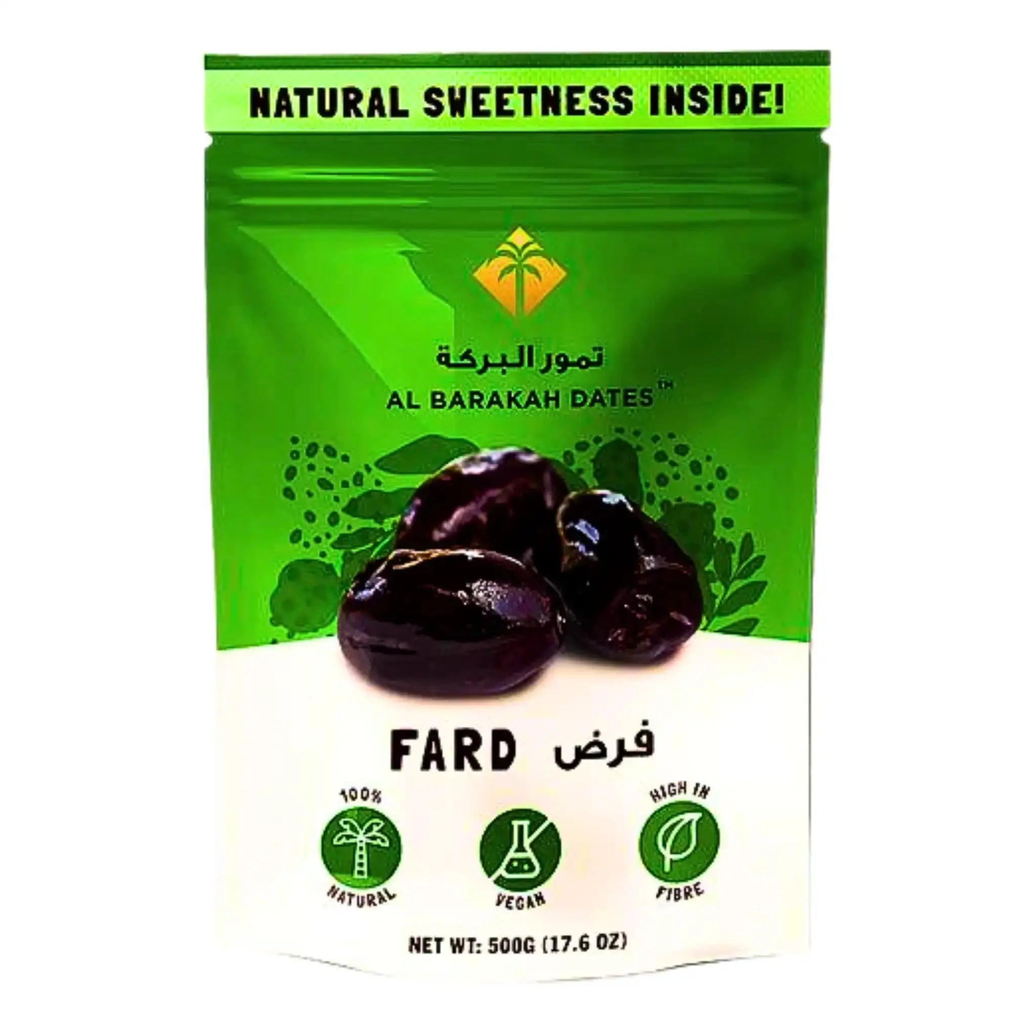 Värikäs vihreä pakkaus Fard-taateleilla, 500 g, vegaaninen, runsas kuidussa ja luonnollinen.