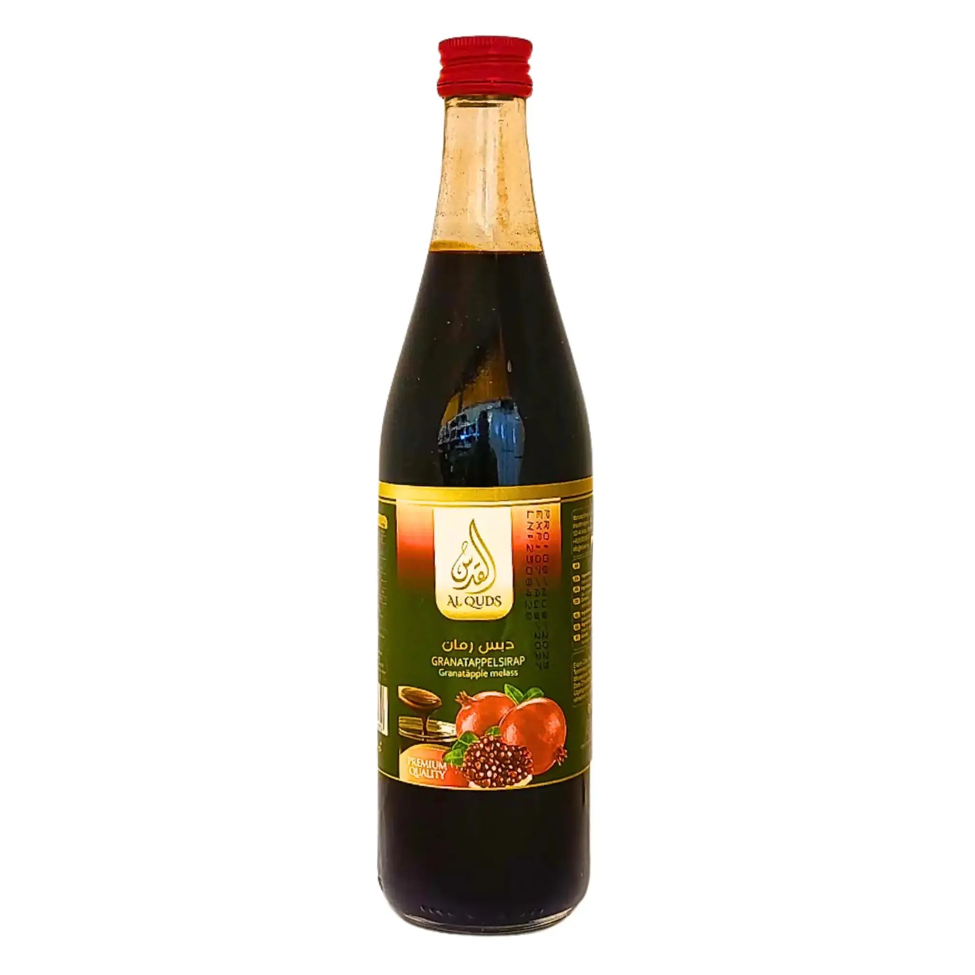 Lasipullo Al-Quds granaattiomenasiirappia 600ml, itämainen tuote punaisella korkilla.