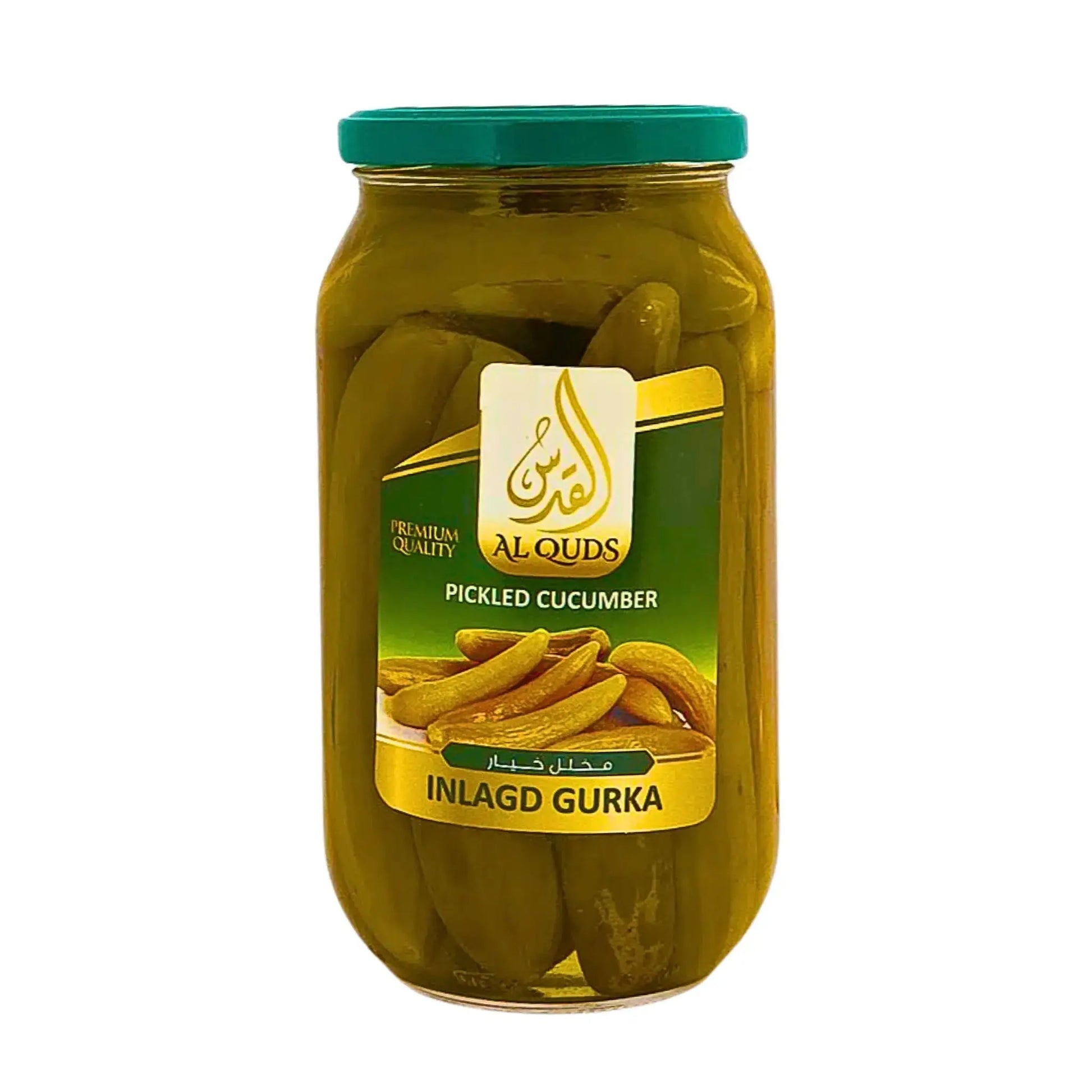 Purkki Al Quds -salaattikurkkuja itämaista suolakurkkua 1kg valkoisella taustalla