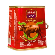 Säilykepurkki corned beef -lihaa, punainen pakkaus, lehmän kuva, halal, 340 g