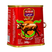 Corned beef-burk 340 g med AL-RAII-logga, röd etikett och guldlid