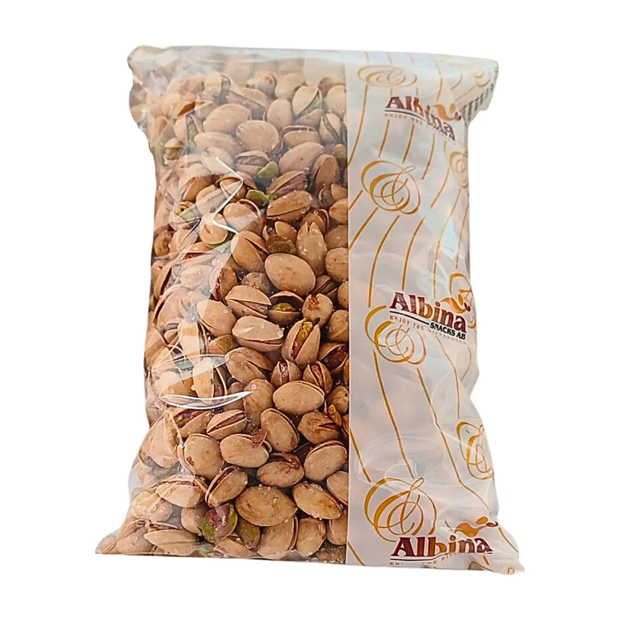 Albina paahtopistakset kuorissa, 1 kg:n muovipakkauksessa, itämaiset pähkinät.