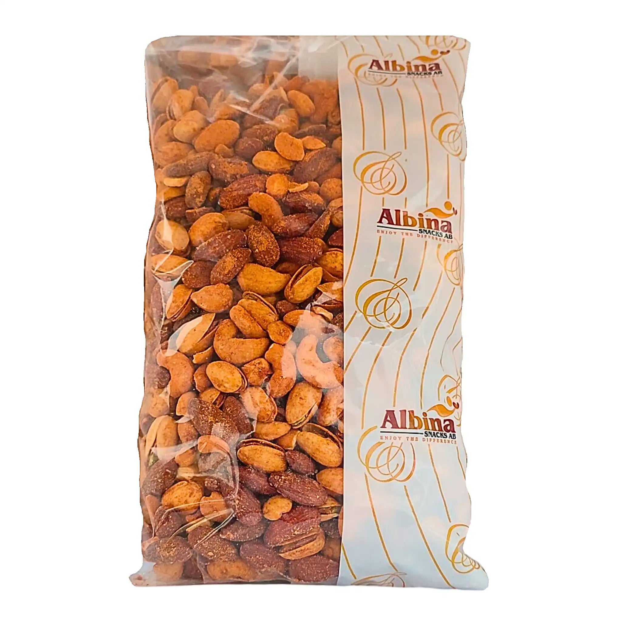 Sekapähkinät läpinäkyvässä 1 kg:n pussissa Albina Snacks -logolla, itämaisia välipaloja.