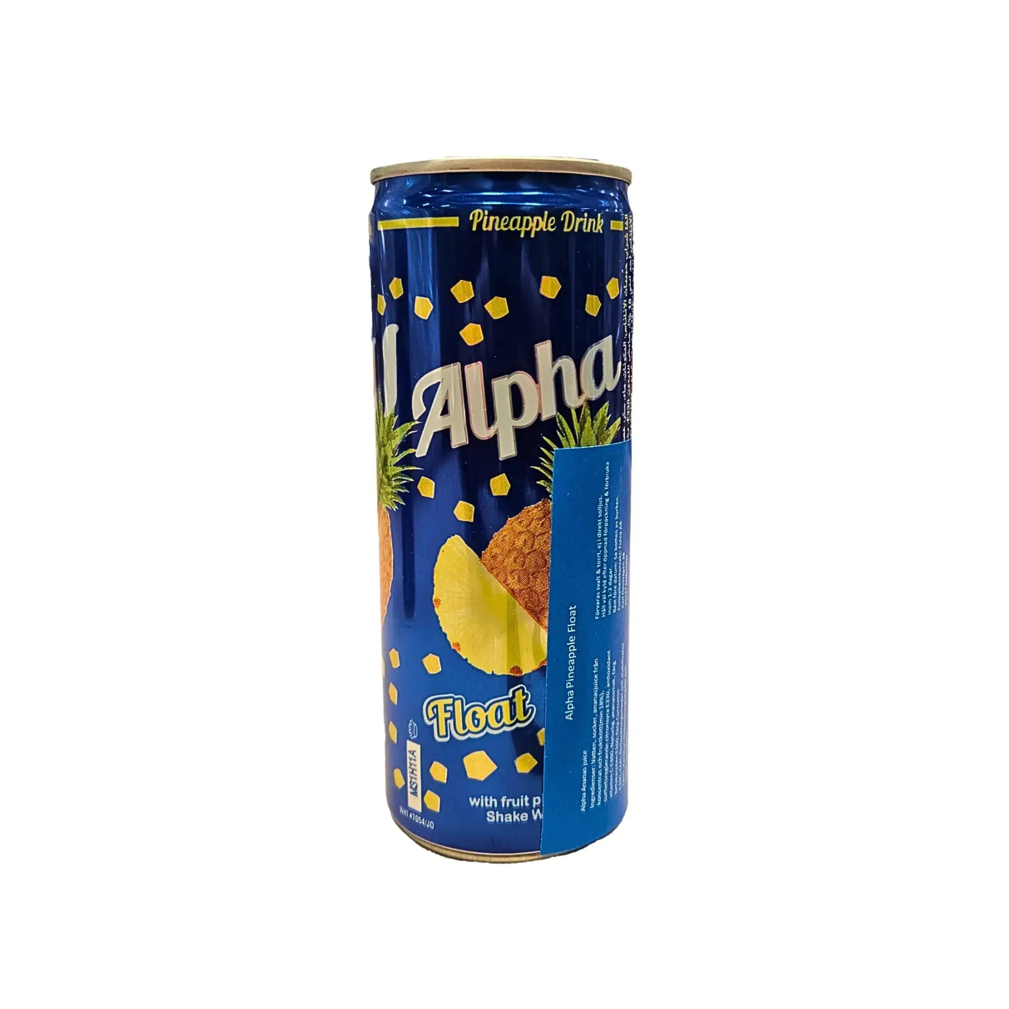 Ananasjuoma Alpha Float sinisessä purkissa, 250 ml, hedelmäpalasia valkoisella taustalla