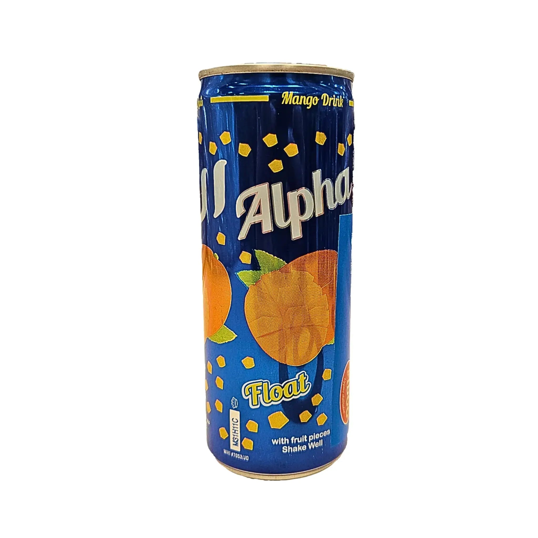 Sininen mangopurkki hedelmämehu, hedelmäpalasia, kuvitettu mango ja etupuolella teksti.