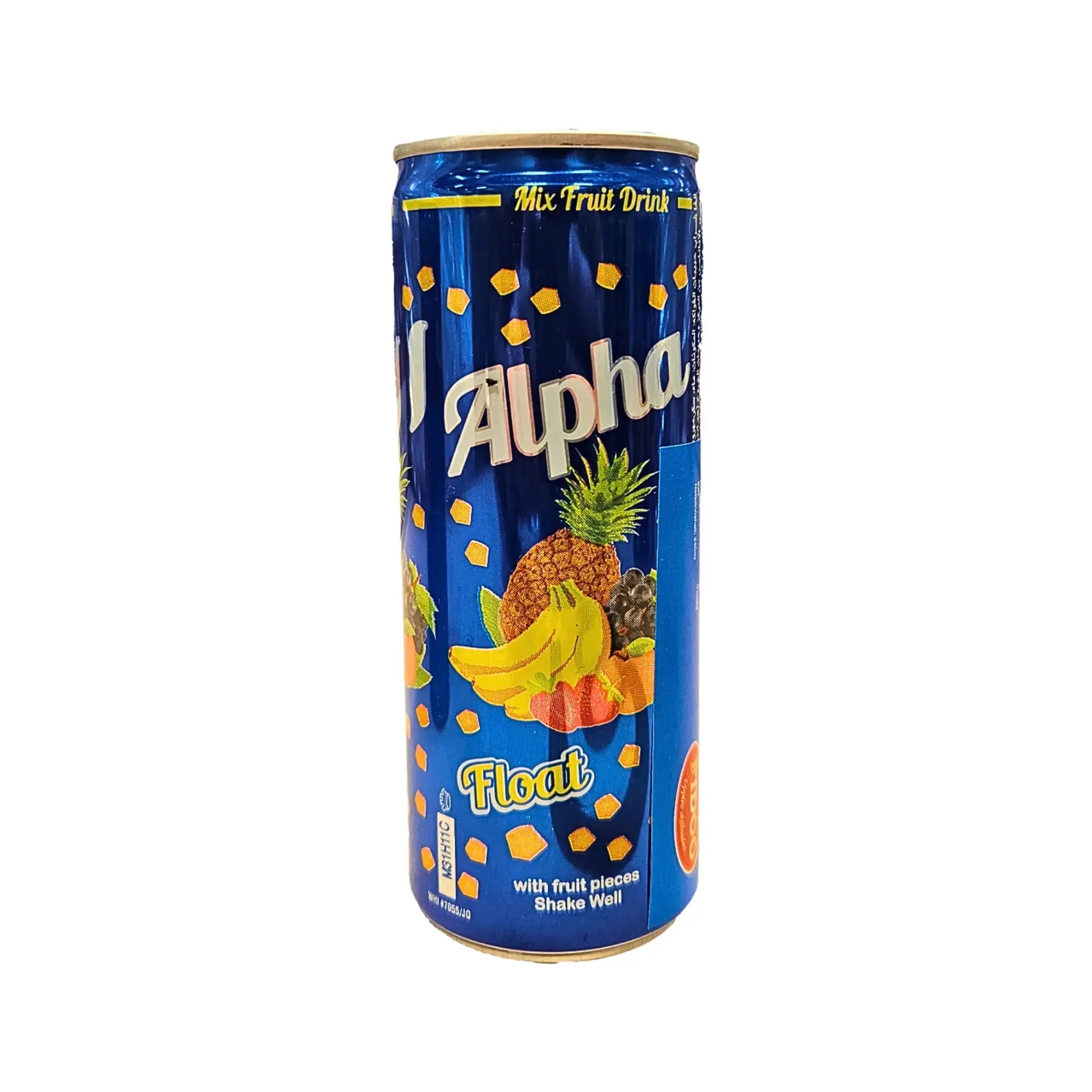 AlphaMix-hedelmäjuomapurkki nestemäisillä hedelmäpalasilla, trooppisia hedelmiä sinisellä etiketillä
