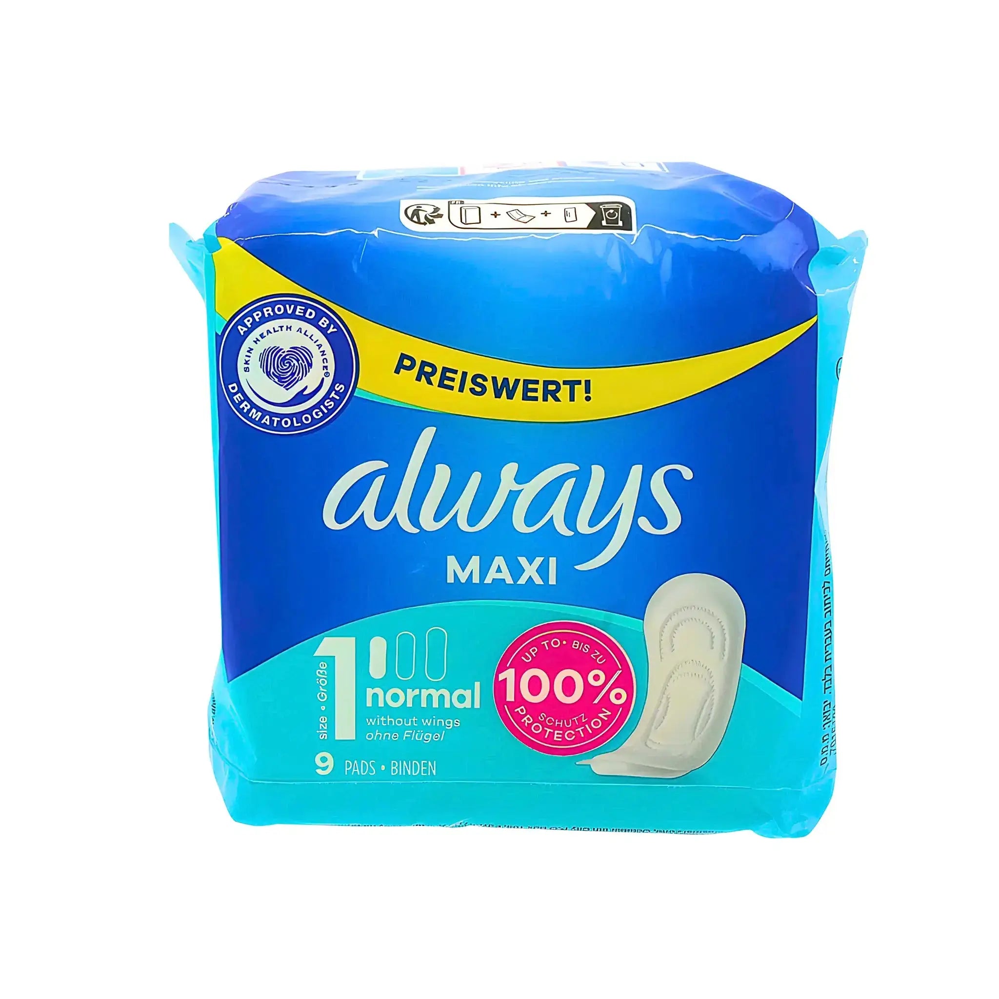 Always Maxi tussisuojus normaali, iso sininen pakkaus 9 siipittömällä sidoksella.
