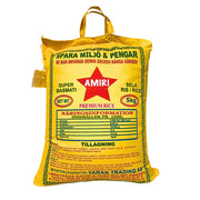 Keltainen 5 kg:n Amiri Super Basmati -riisipussi ruotsalaisella tekstillä ja ravitsemustiedoilla.