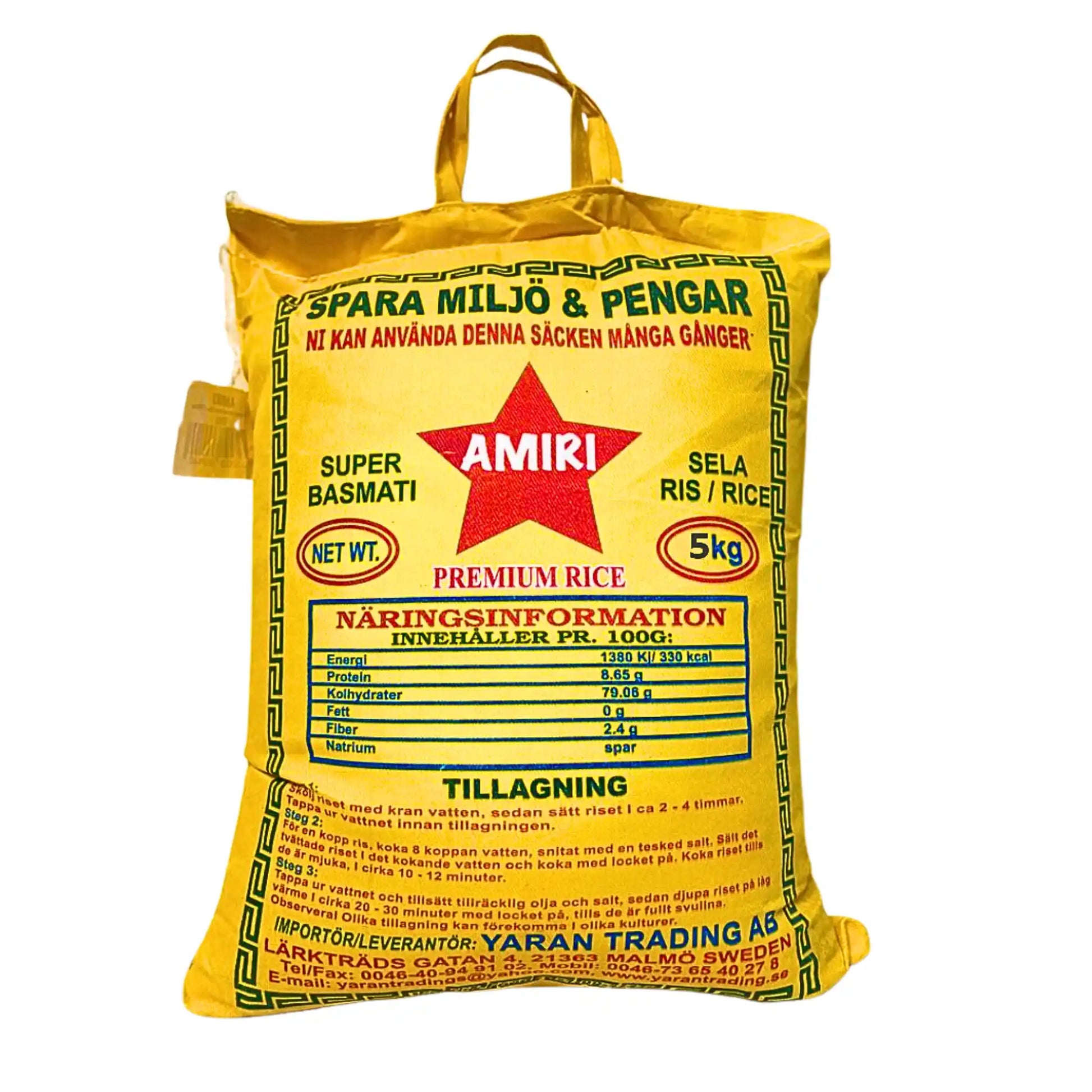 Keltainen 5 kg:n Amiri Super Basmati -riisipussi ruotsalaisella tekstillä ja ravitsemustiedoilla.