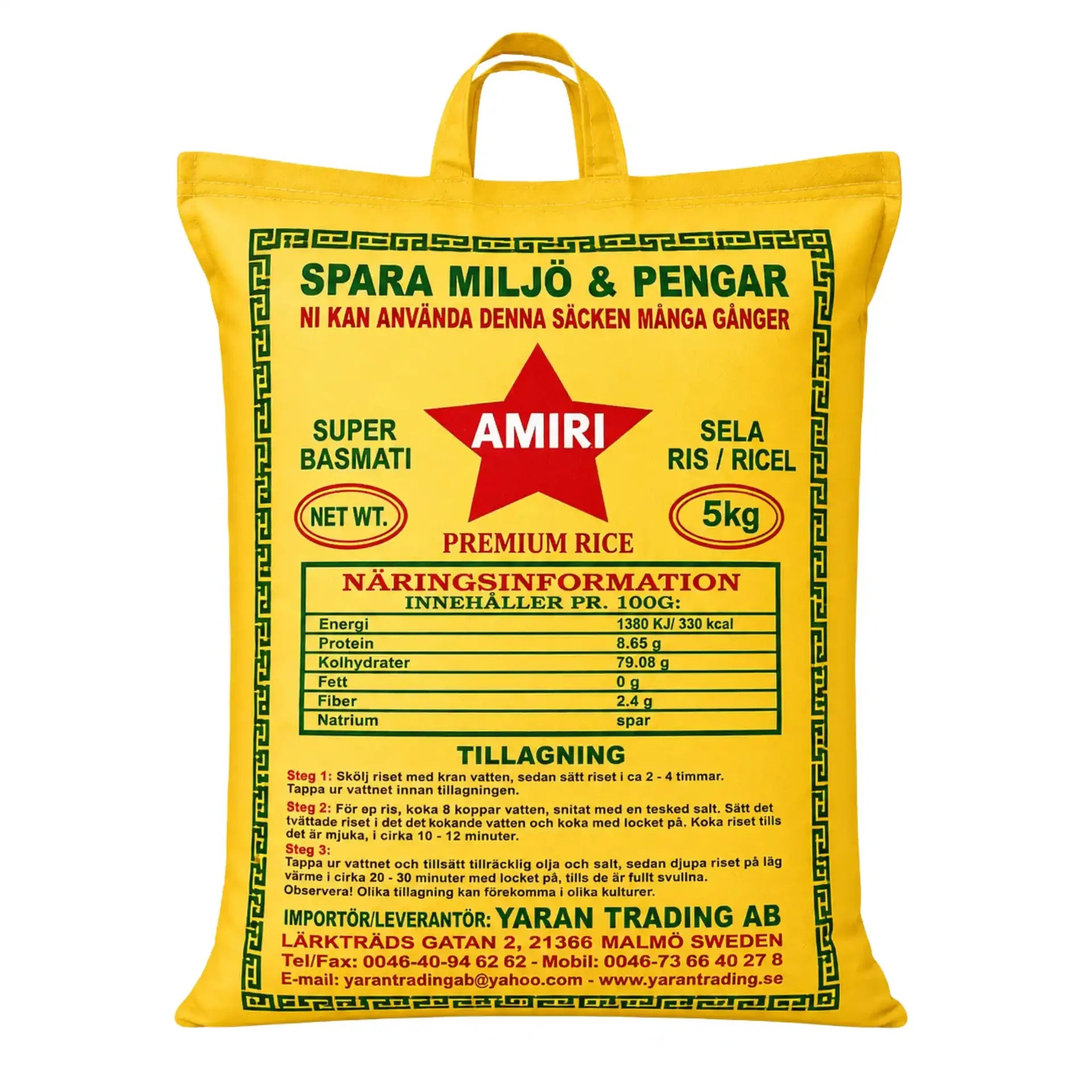 Amiri basmatiris 5 kg i gul påse med logotyp och näringsinformation