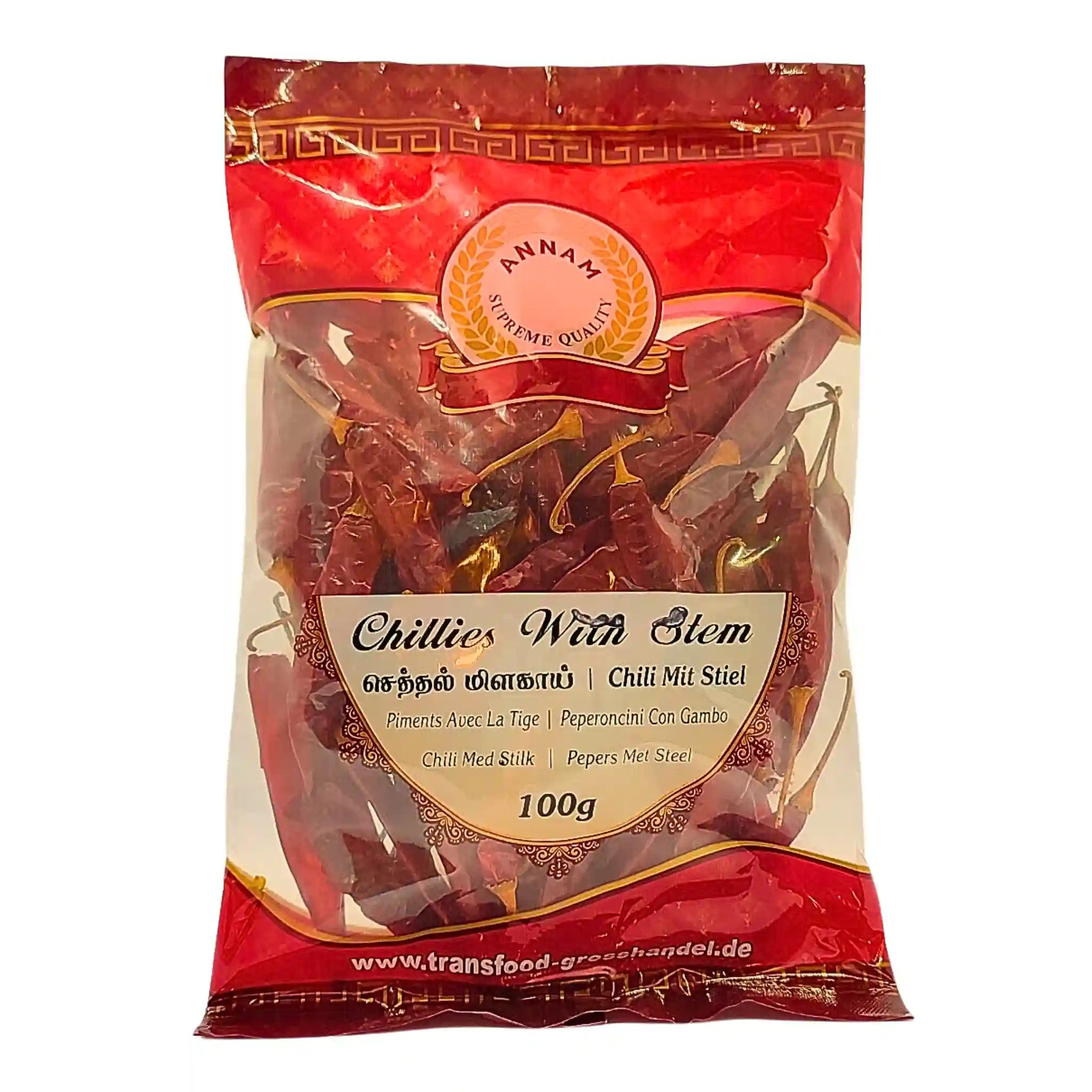 Pussi kuivattua punaista chilipippuria varren kanssa 100 g, itämainen elintarvike.