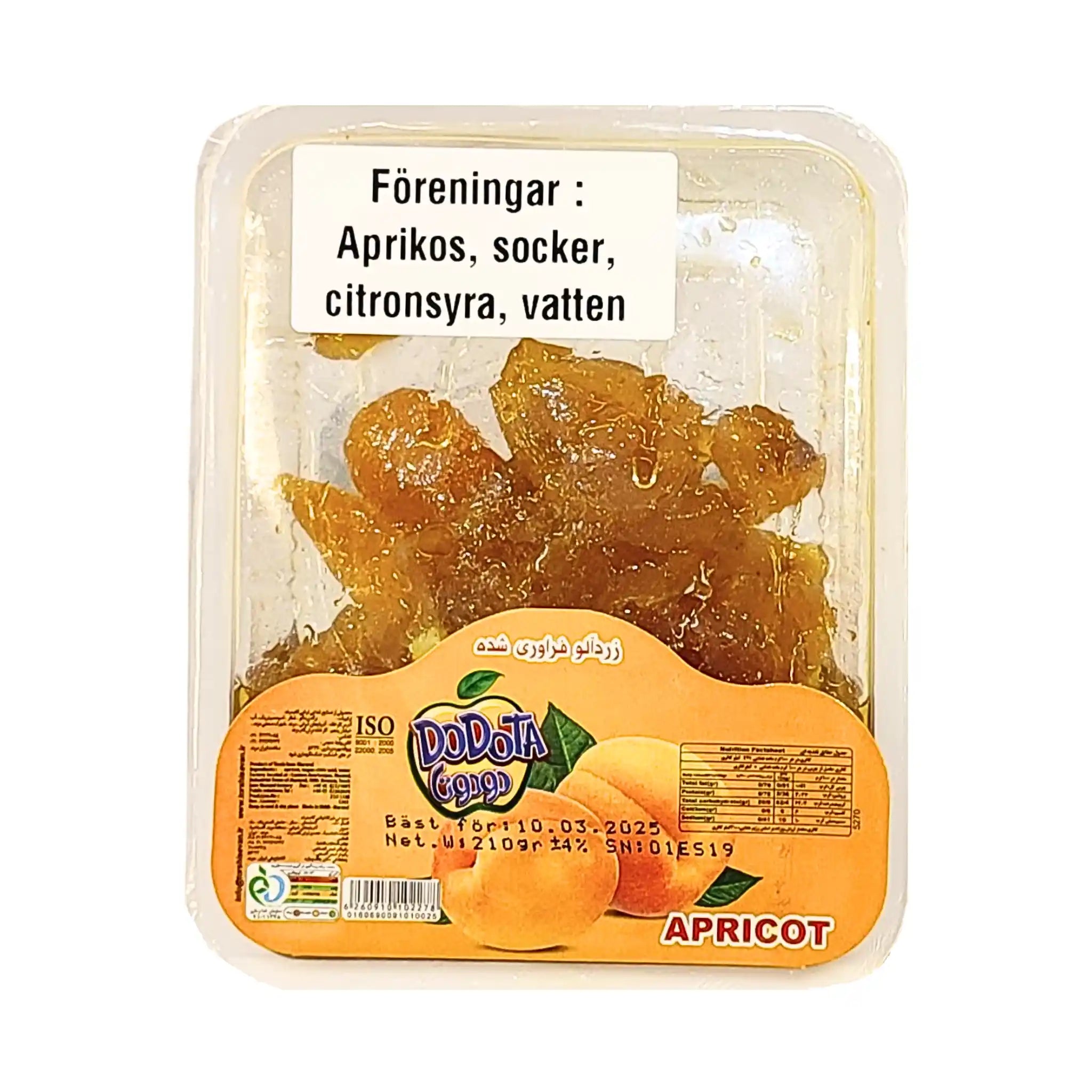 Förpackning med orientaliska torkade aprikoser, tydlig ingredienslista på svenska.