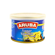 Aruba vaniljasokeri 28,35g purkki, sininen etiketti, vaniljakukka, valkoinen muovikansi.