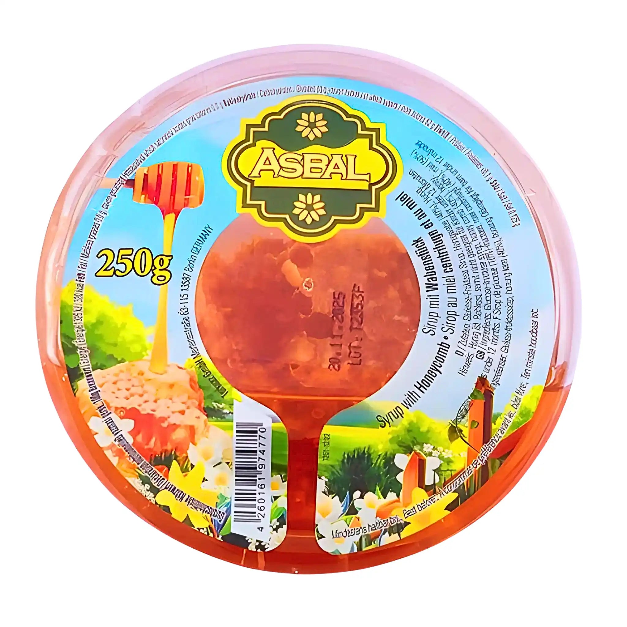Asbal-hunajakakku pyöreässä muovipakkauksessa, 250 g, etiketissä kuvana hunajakakku ja kukkia.