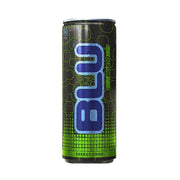 BLU Mojito -energiajuomapurkki, jossa on vihreä ja sininen suunnittelu, eristettynä valkoisella taustalla