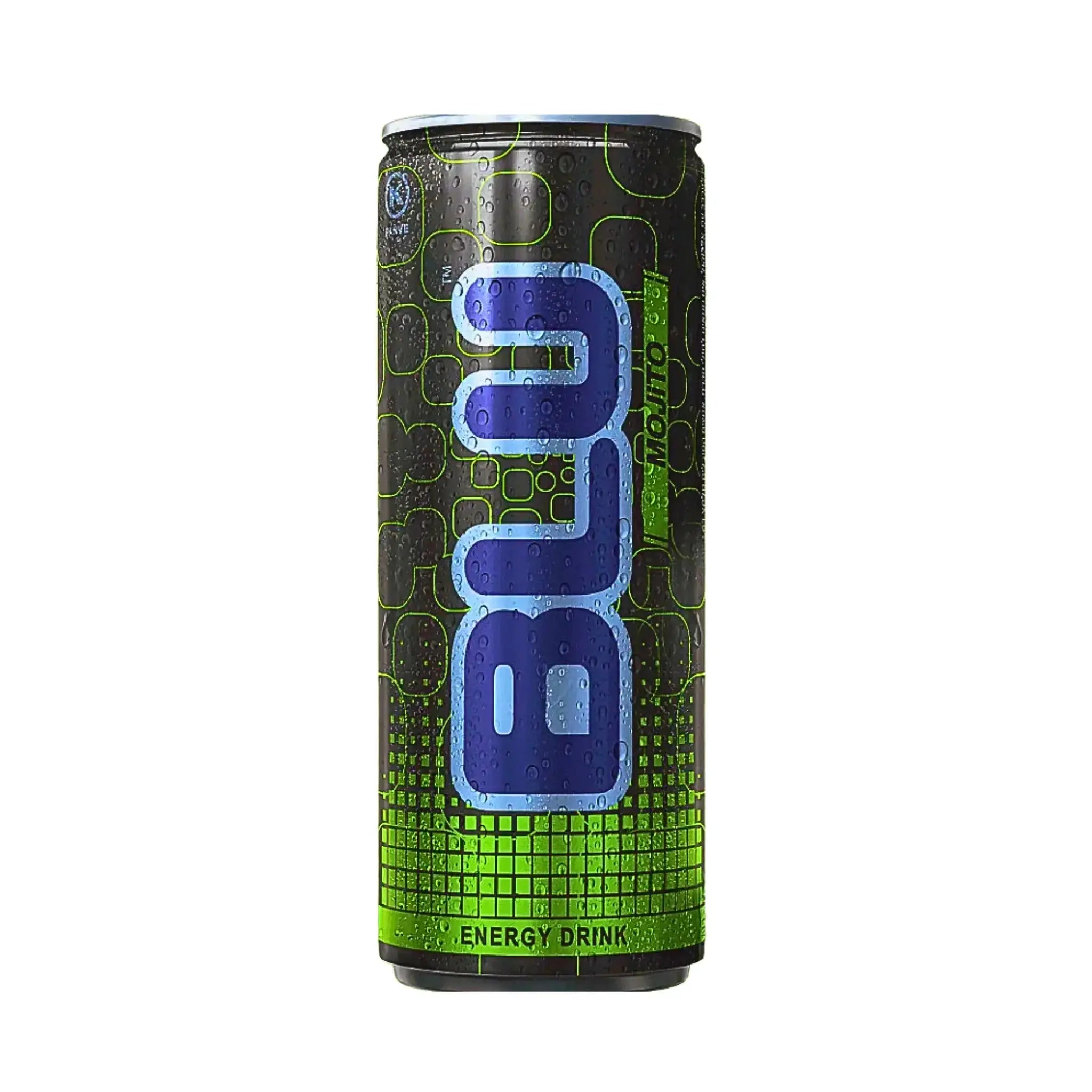 BLU Mojito -energiajuomapurkki, jossa on vihreä ja sininen suunnittelu, eristettynä valkoisella taustalla