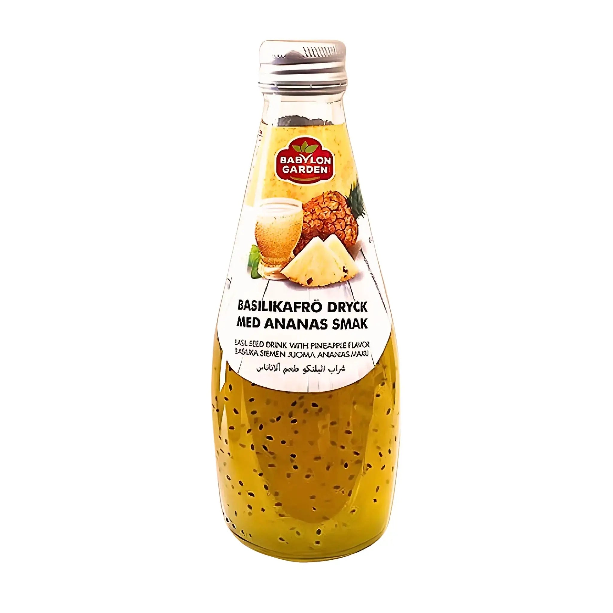 Flaska med basilika frö dryck med ananas smak, exotisk dryck i klar glasflaska.