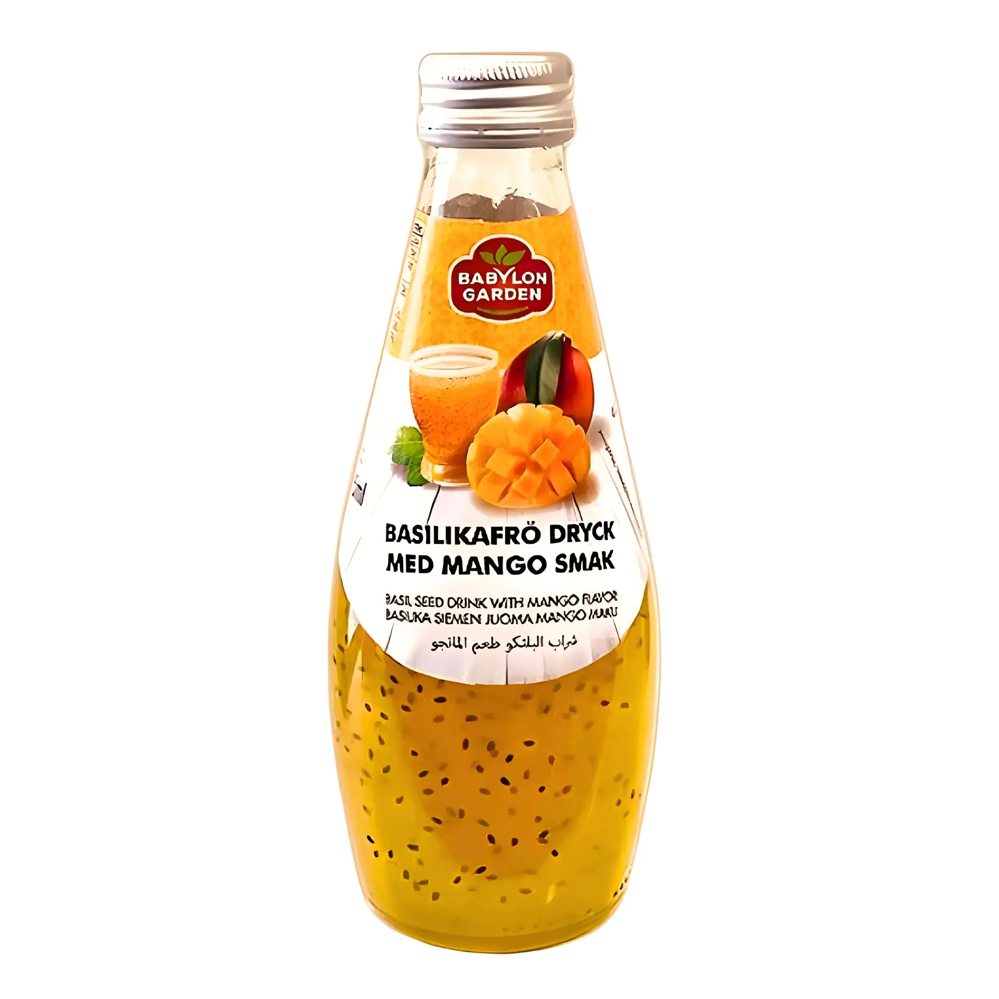 Flaska med basilika frödryck mango, exotisk dryck med basilika- och mangosmak.