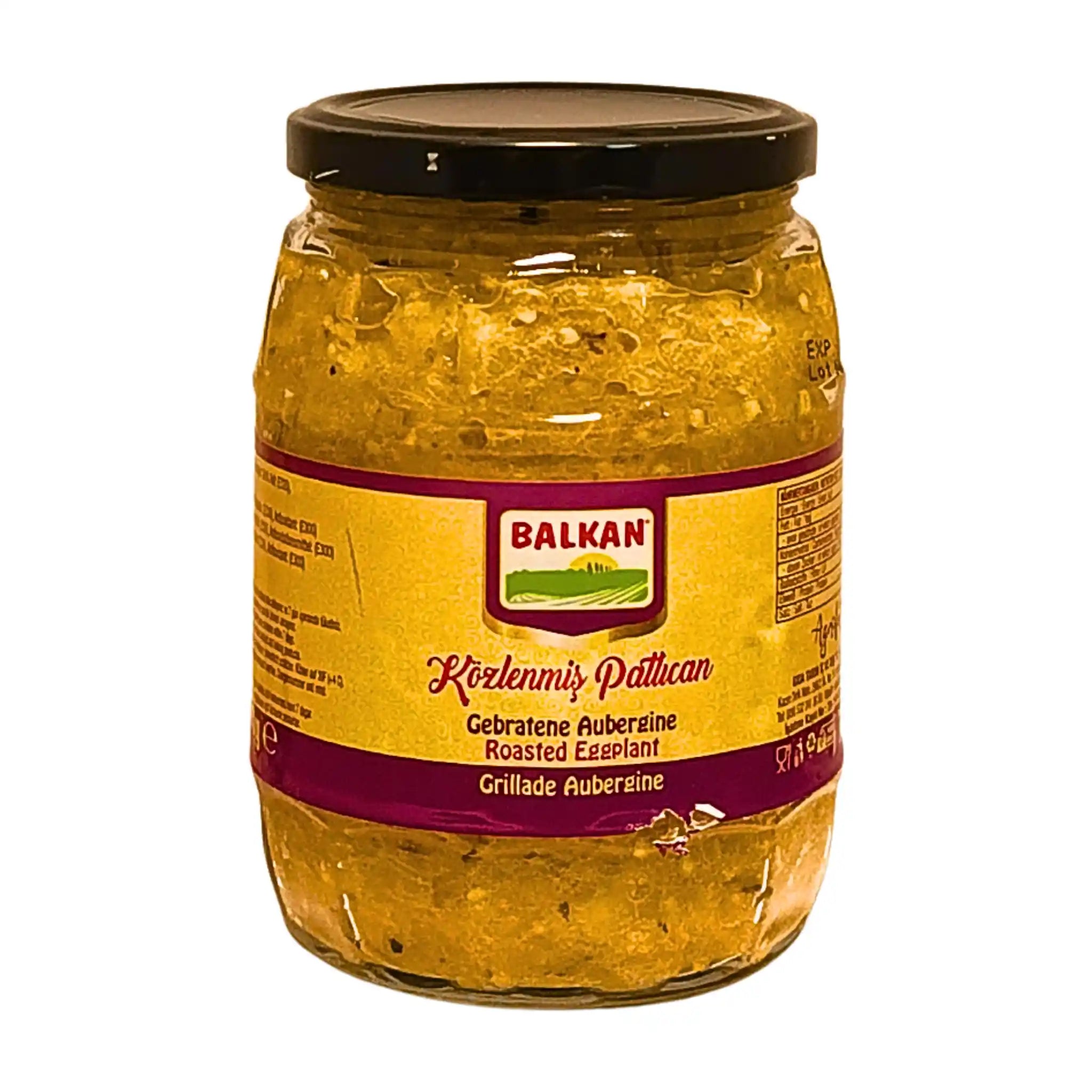 Purkki Balkanin grillattuja munakoisoja, 720 g, näkyvä keltainen etiketti ja musta kansi.