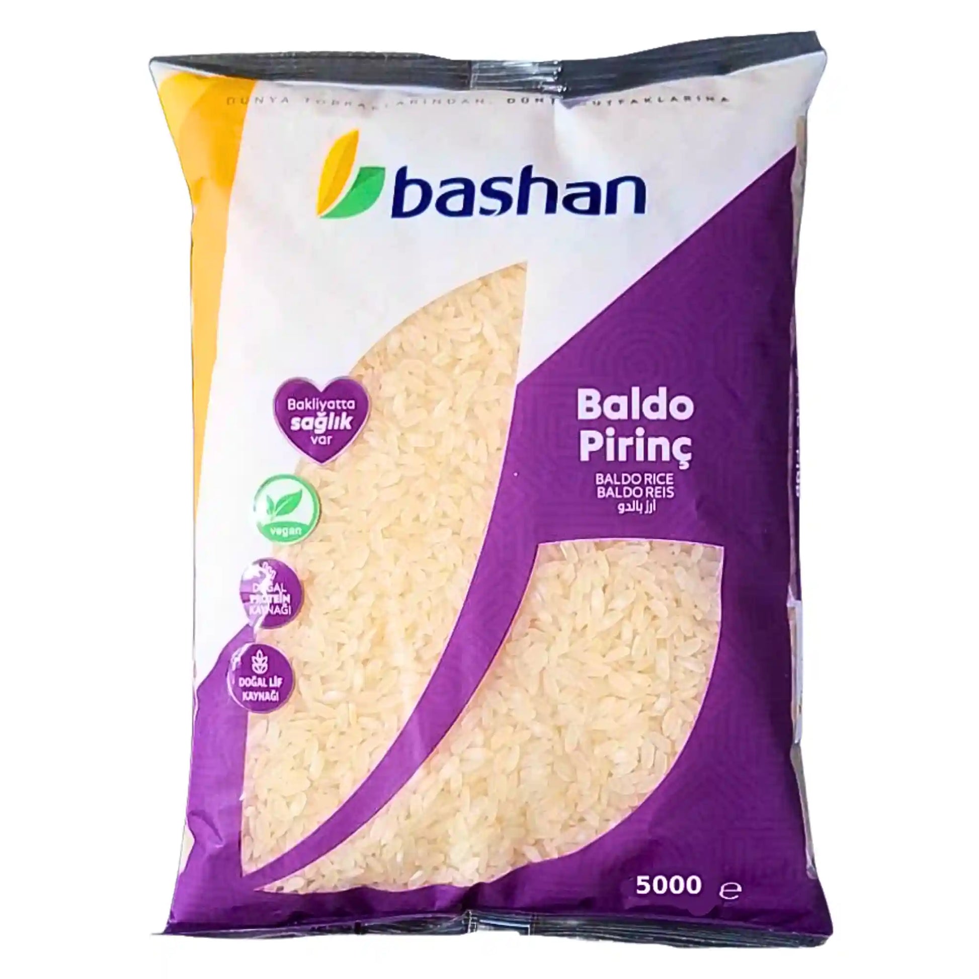 Baldo-riisi 5 kg läpinäkyvässä ja violetissa pussissa, selkeällä tuotetunnuksella.