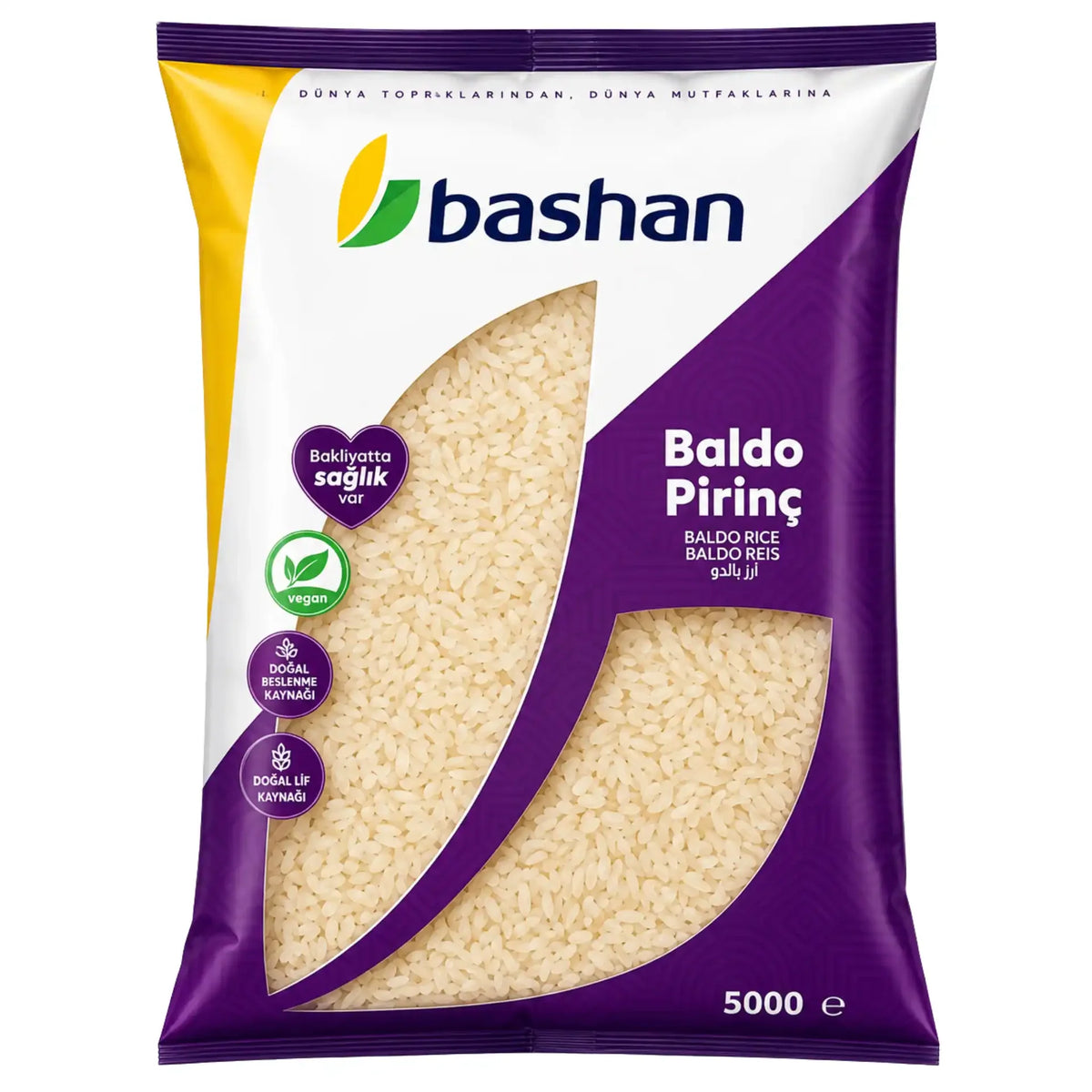 Bashan Baldo Pirinç-ris i 5 kg förpackning, vit och lila design med ris.