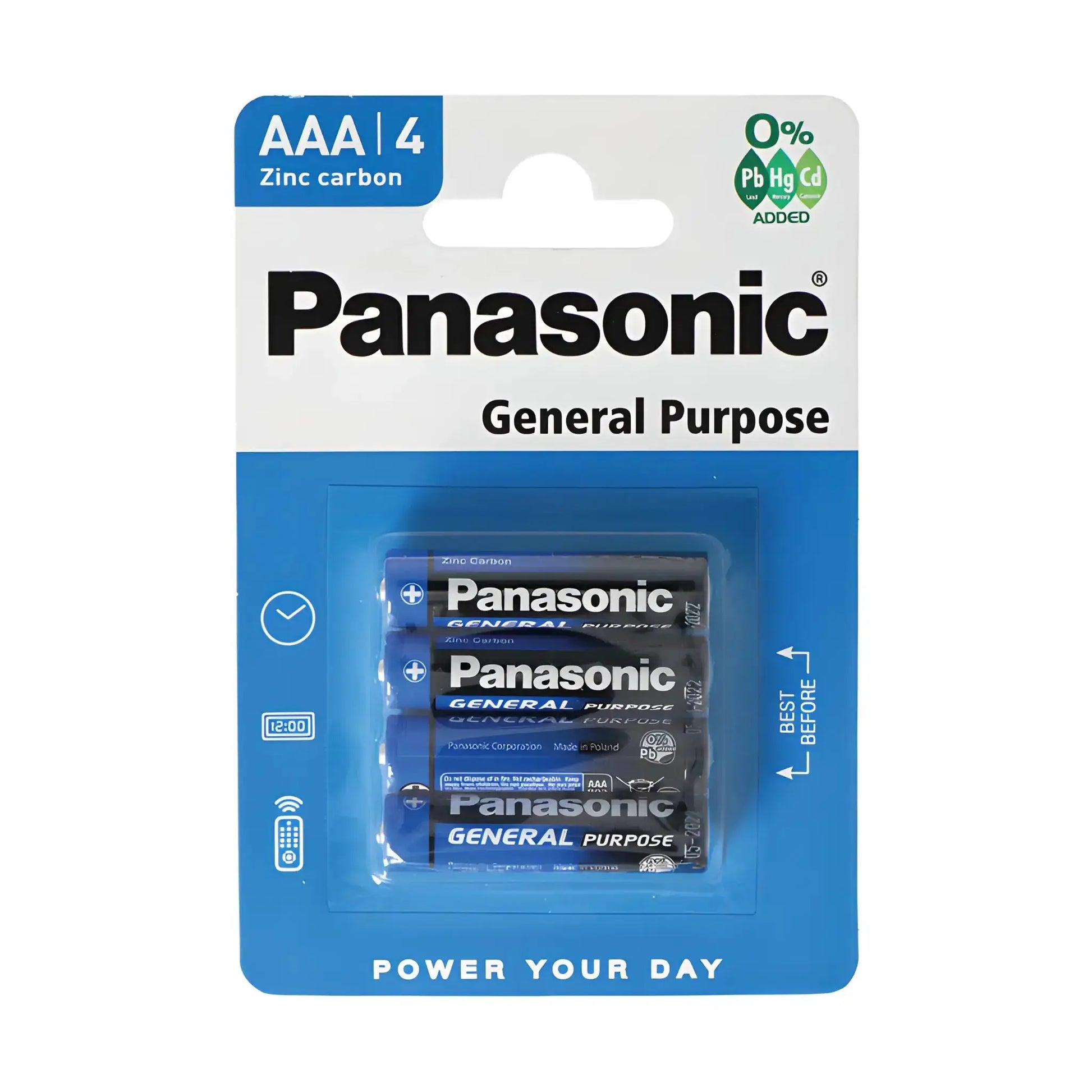 Neljäsarjassa AAA-sinkki-karbon-patterit sinisessä ja valkoisessa pakkauksessa, Panasonic-logo näkyvissä