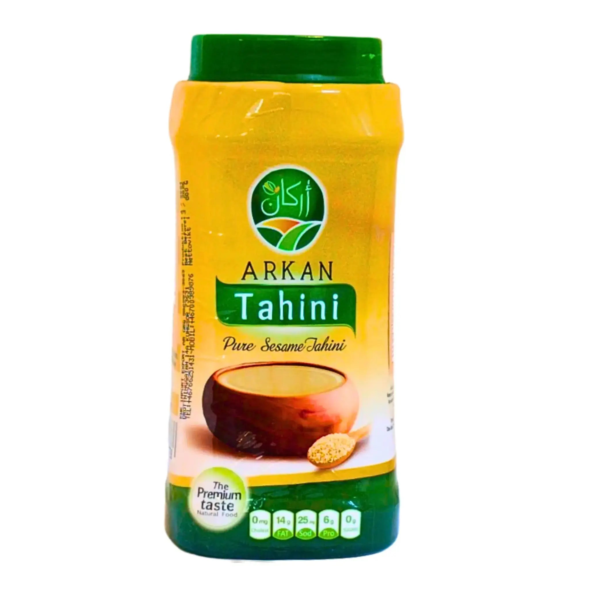 Arkan-tahini-sesamvoi 800 g purkki, keltainen ja vihreä pakkaus, itäinen elintarvike.