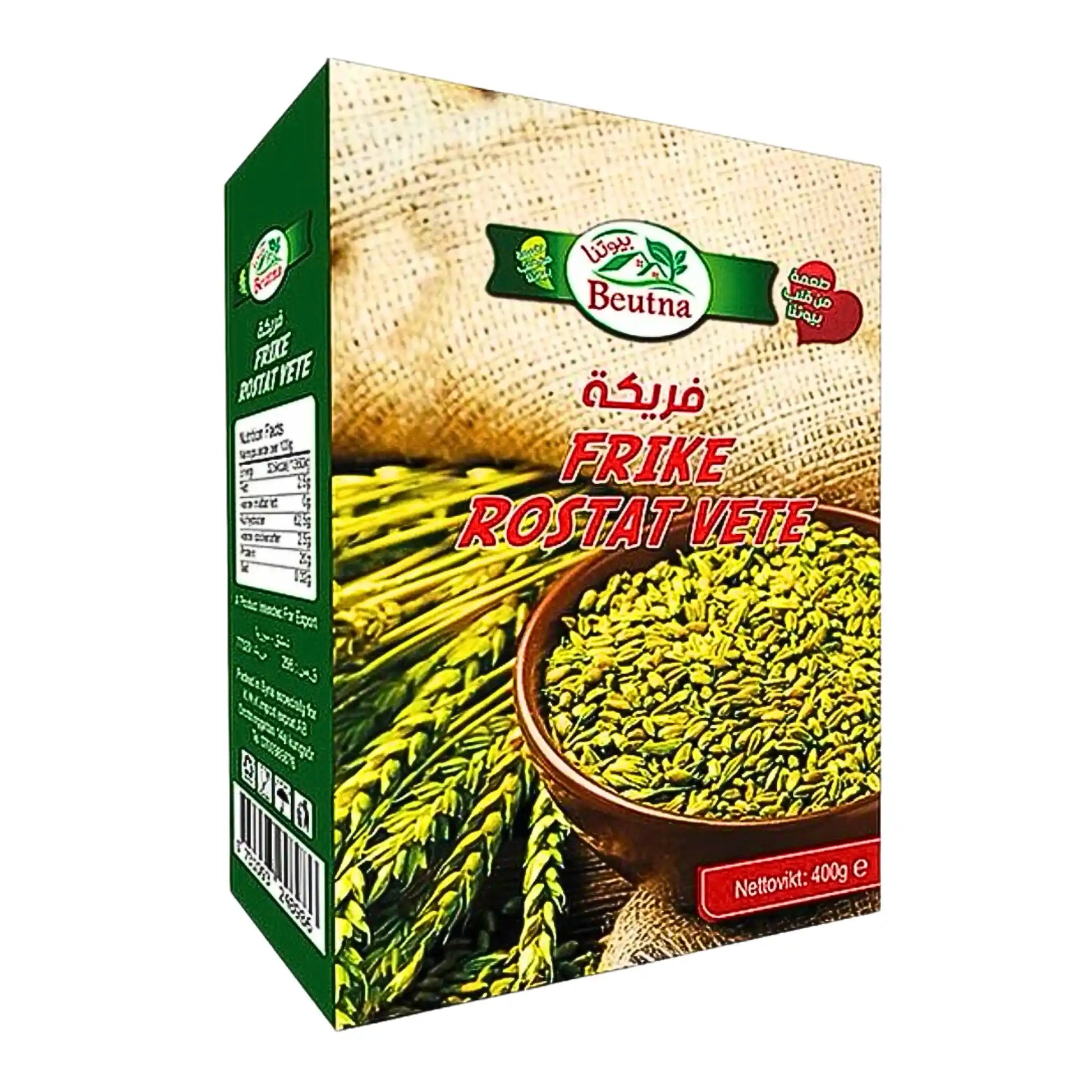 Beutna-friken (paahdettu vehnä) 400 g:n pakkauksessa, itämaisia viljoja esittävä kuva.
