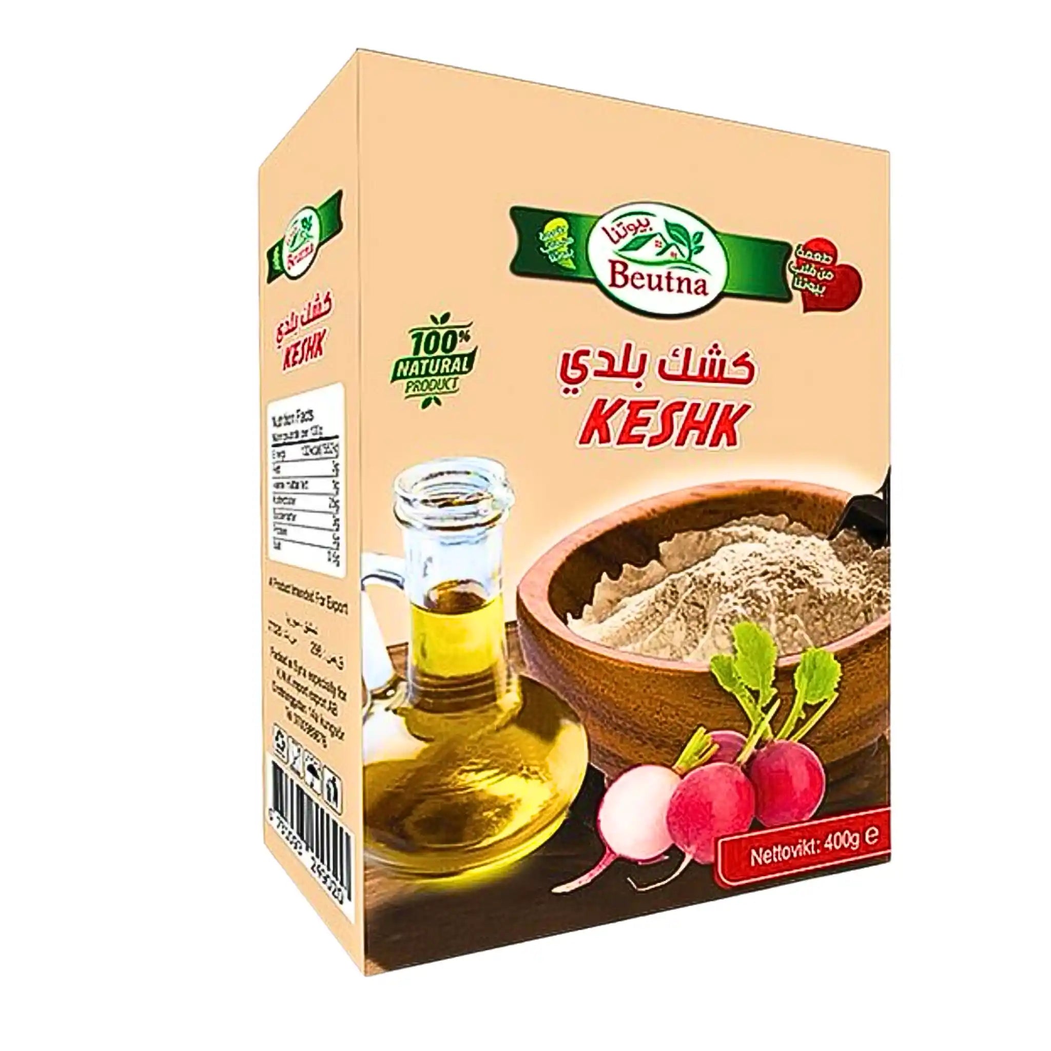 Kashk Baladi 400 g:n pakkauksessa kuvassa kashki-jauhetta, öljyä ja retiisejä, itämaisia elintarvikkeita.
