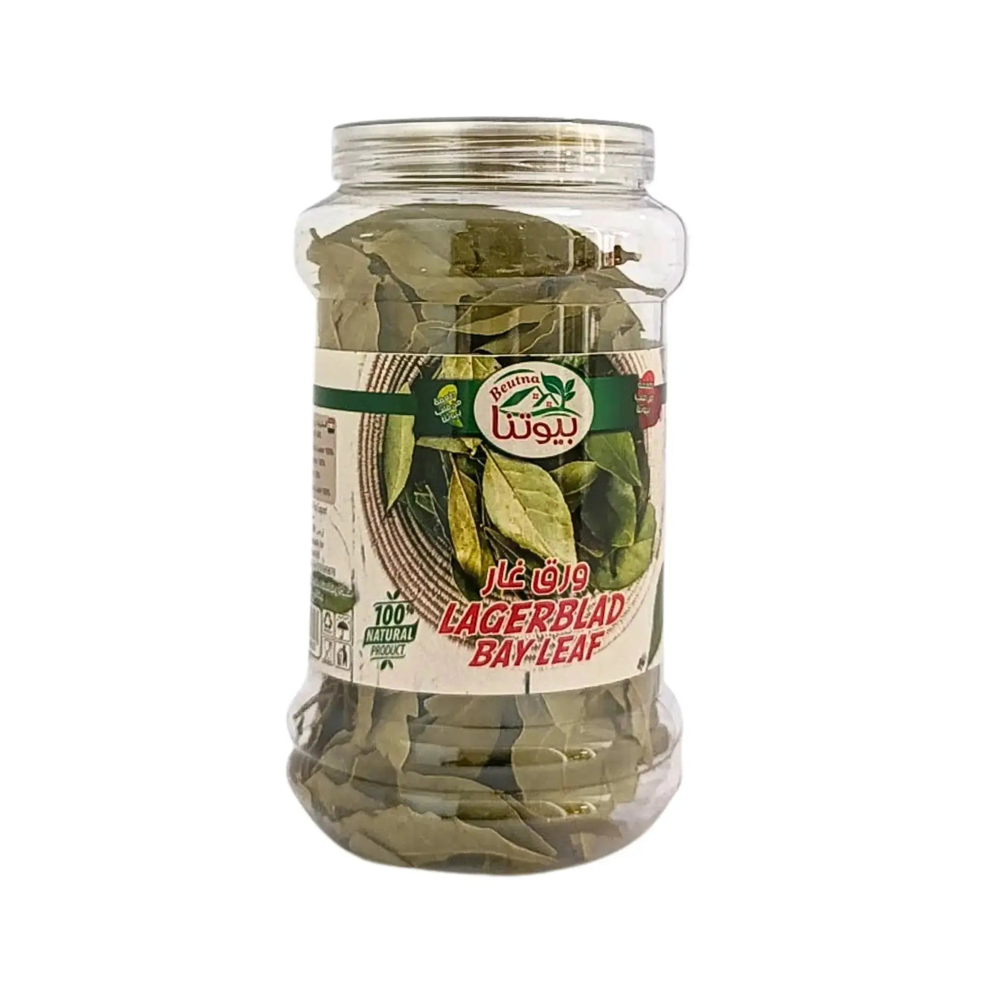 Muovipurkki kuivattuja laakerinlehtiä, etiketissä teksti laakerinlehti bay leaf, itämaisia mausteita