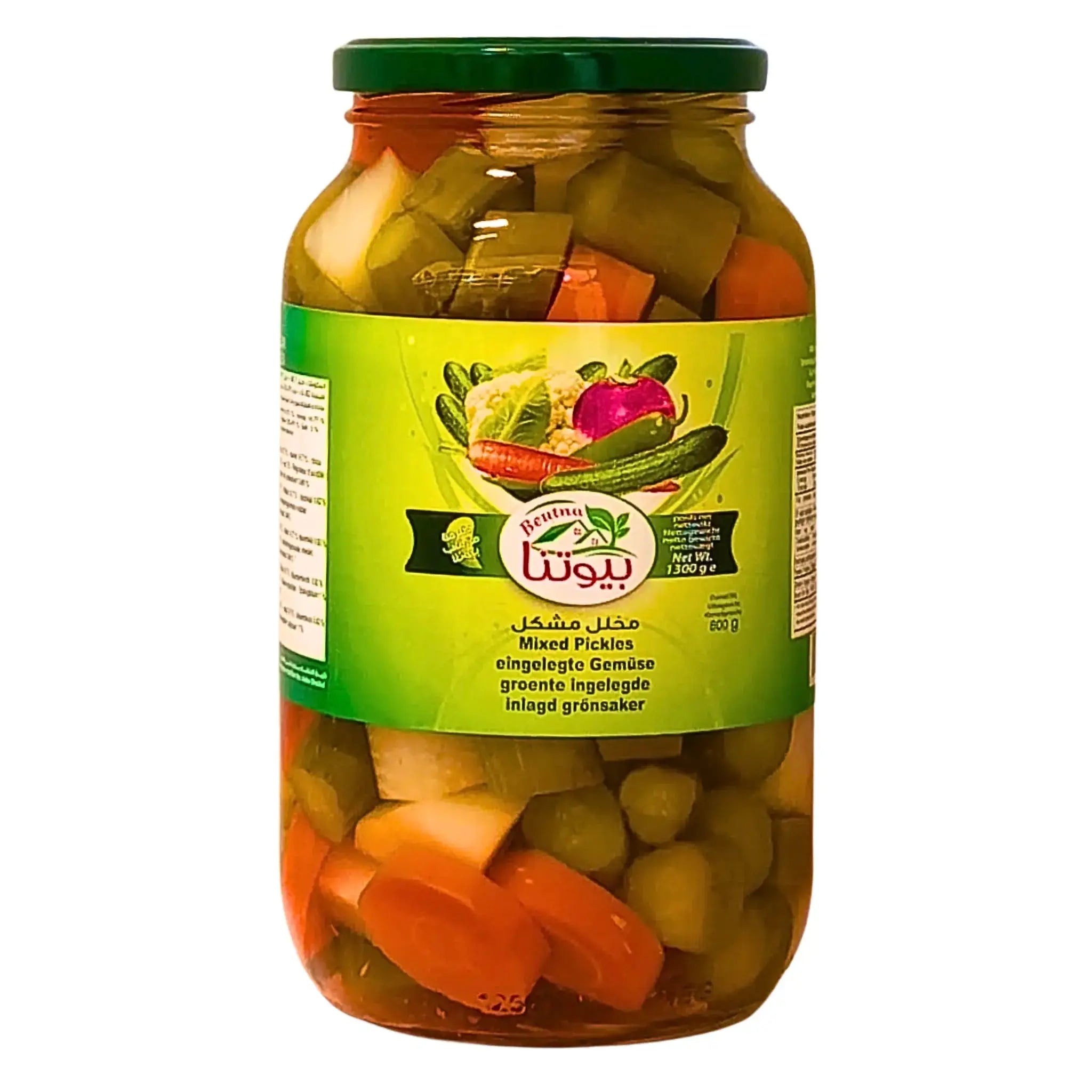 Lasiastia itämaisia suolakurkkua, Beutna Mix Pickles 1300 g valkoista taustaa vasten